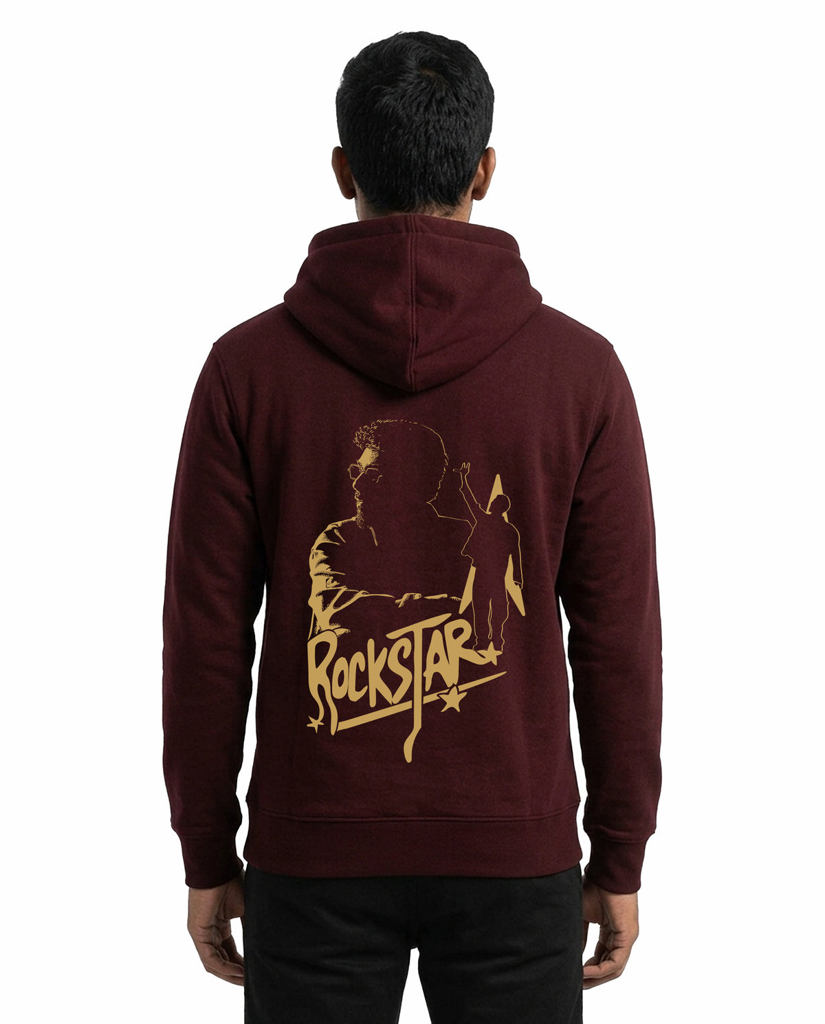 Back view of male model wearing ROCKSTAR - Unisex Regular Fit Hoodie in maroon in a studio setting.