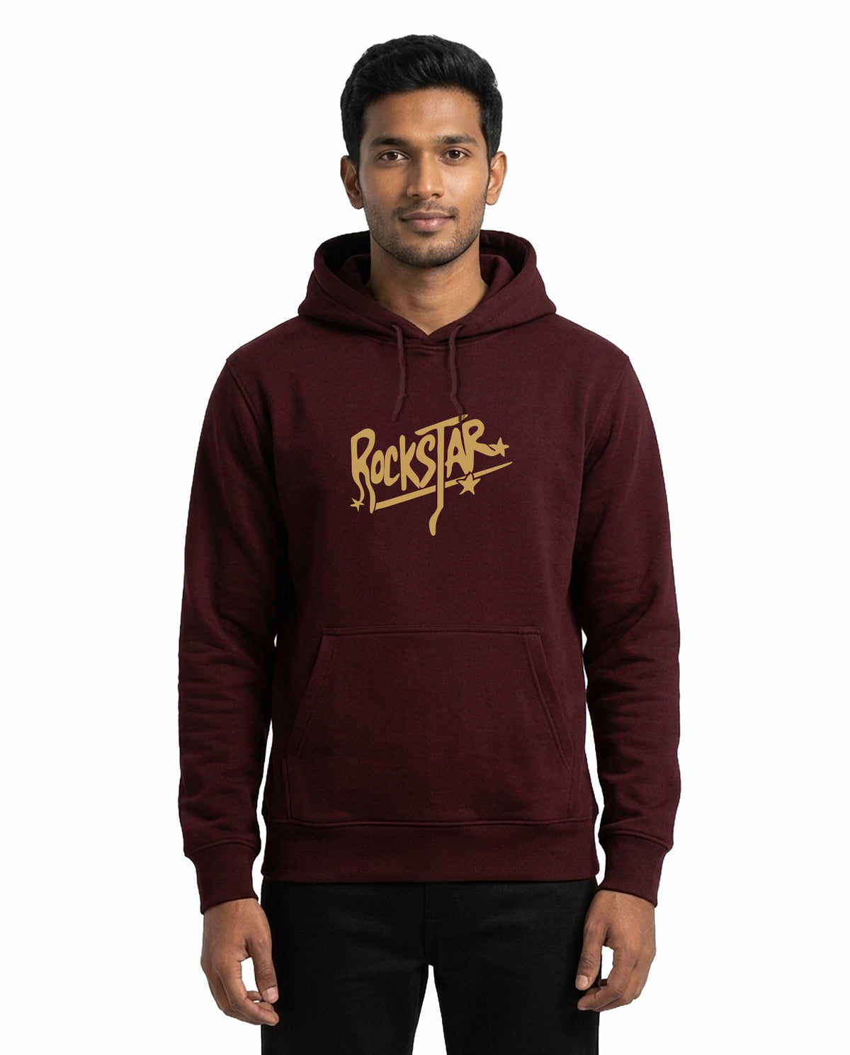 Front view of male model wearing ROCKSTAR - Unisex Regular Fit Hoodie in maroon in a studio setting.