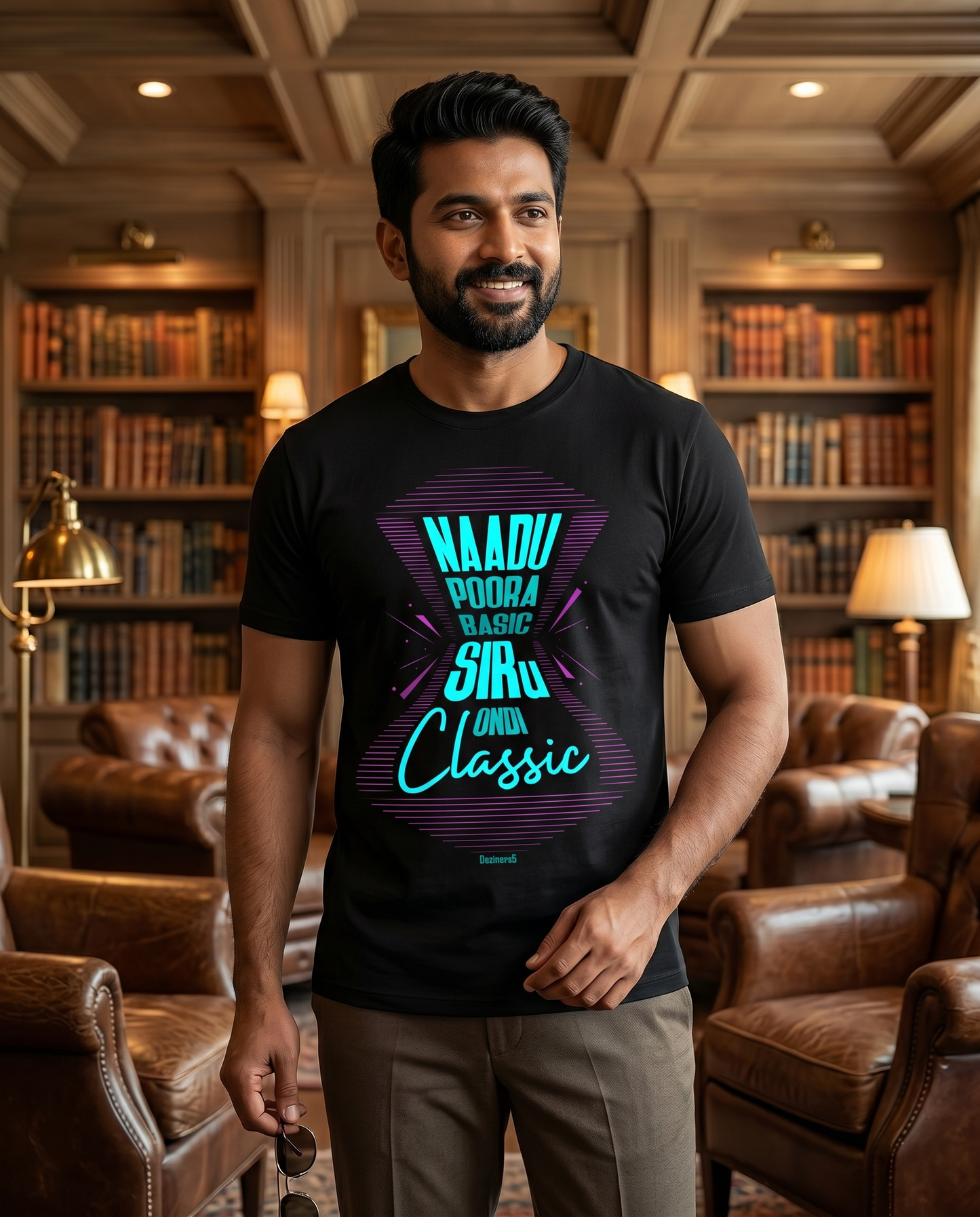 Young South Indian male wearing the SIR ONDI CLASSIC men's regular-fit t-shirt in black in a premium lifestyle setting.