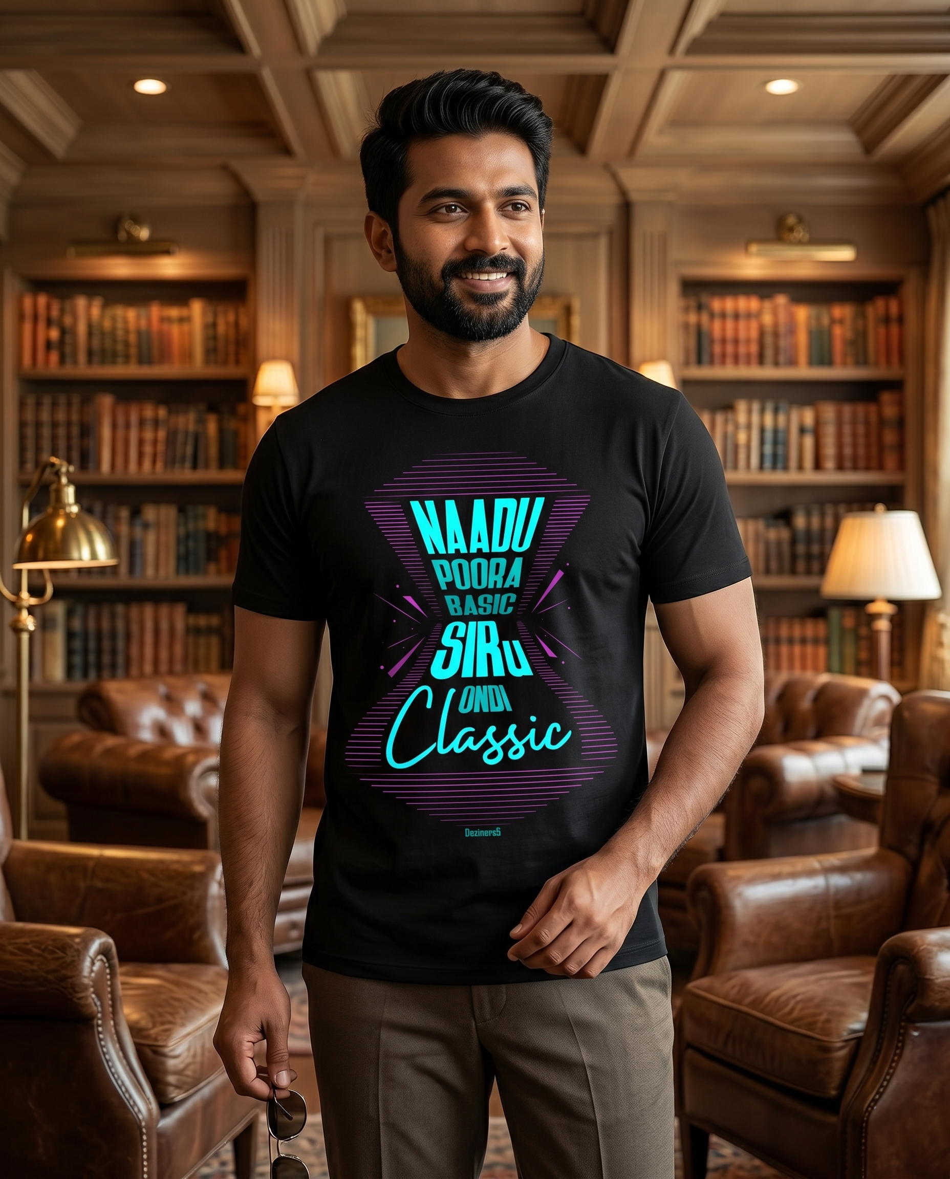 Young South Indian male wearing the SIR ONDI CLASSIC men's regular-fit t-shirt in black in a premium lifestyle setting.