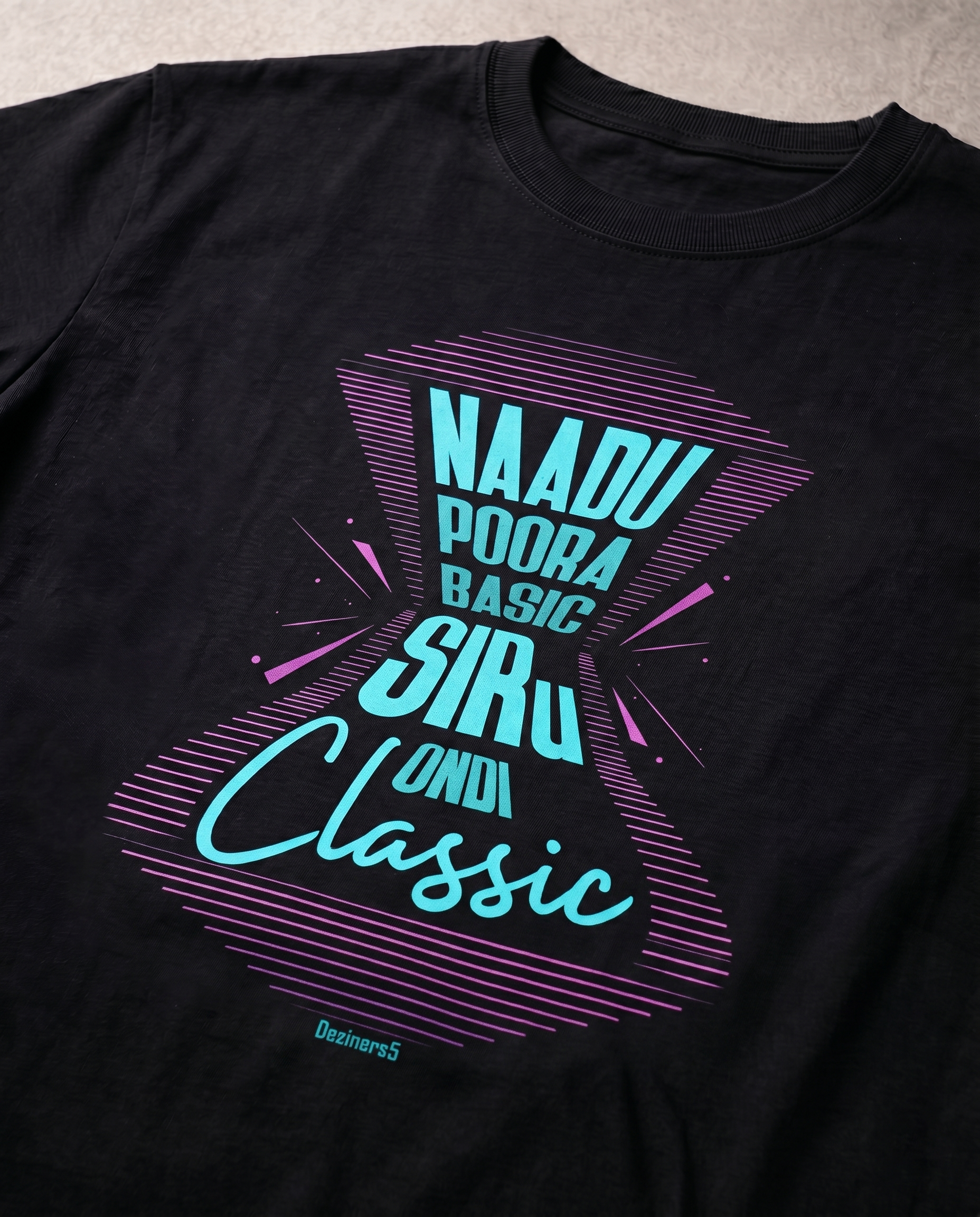 Close-up view of the SIR ONDI CLASSIC typography graphic print highlighting premium print quality on a black men's regular-fit t-shirt.