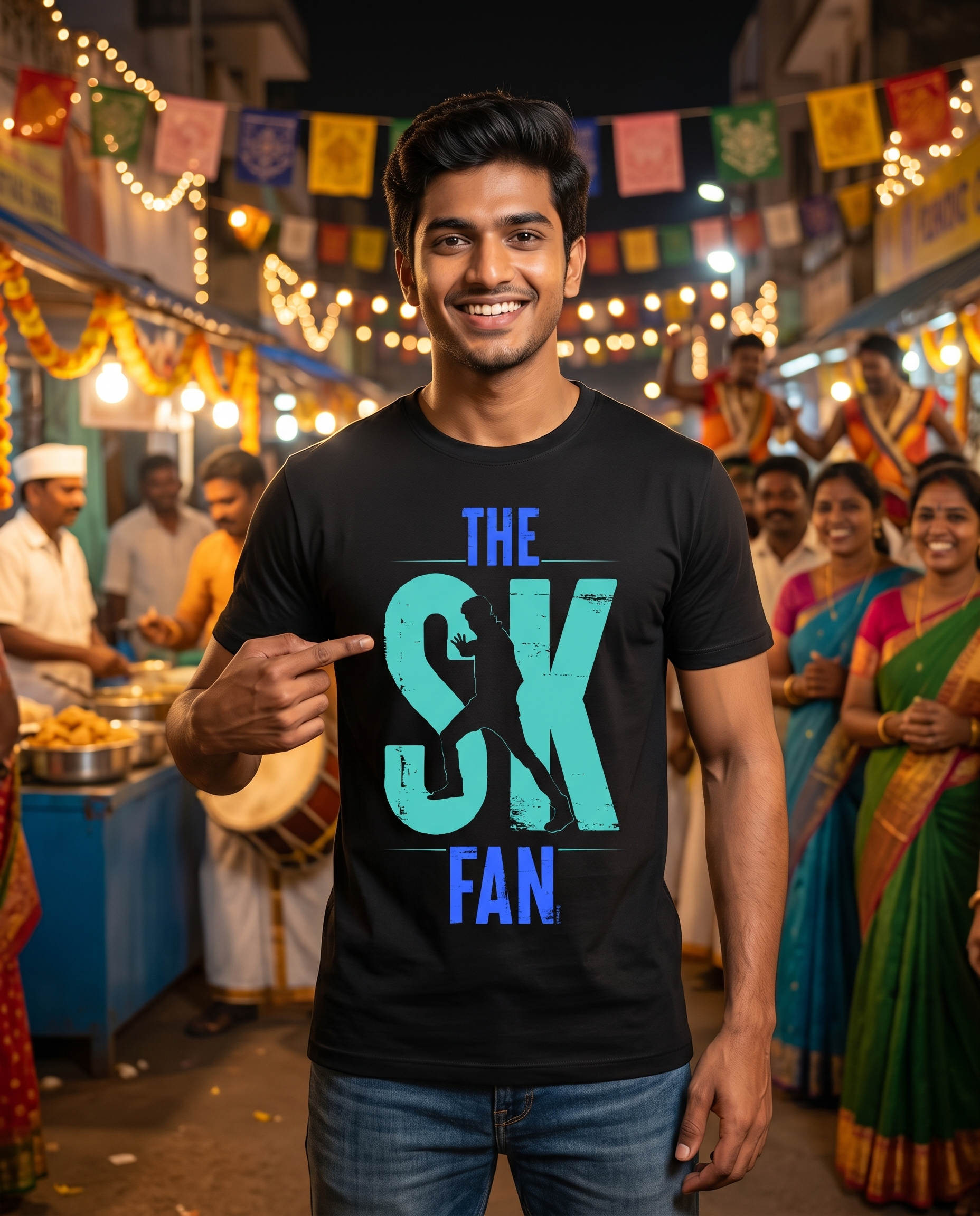 Young South Indian male wearing the SK FAN men's regular-fit t-shirt in black in an energetic cultural street festival lifestyle setting.