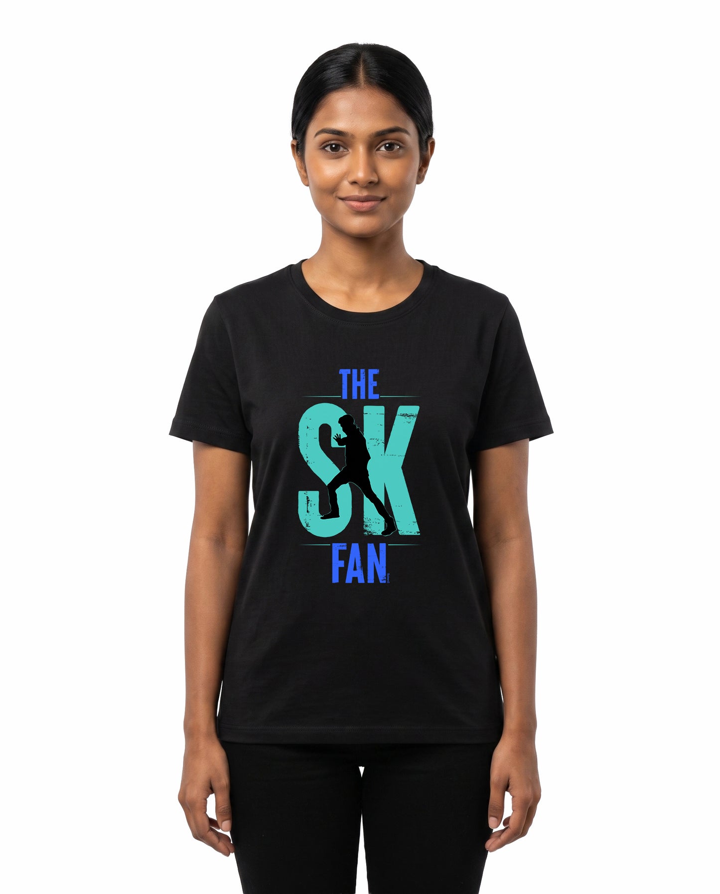 Female model wearing SK FAN women's regular-fit t-shirt in black in a studio setting.