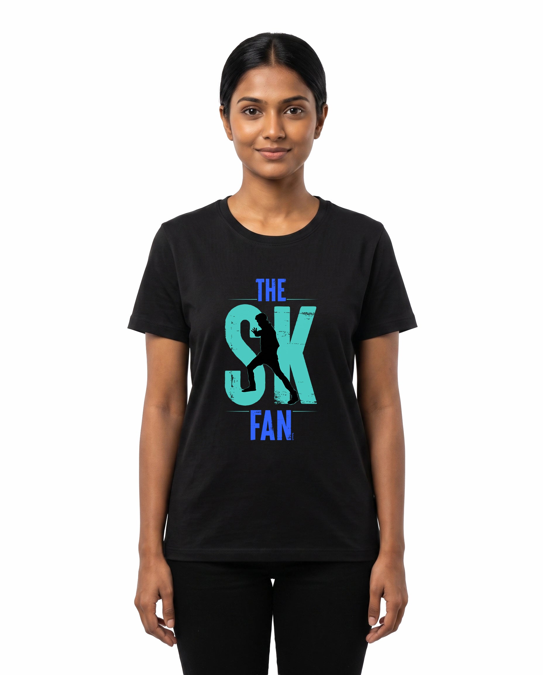Female model wearing SK FAN women's regular-fit t-shirt in black in a studio setting.
