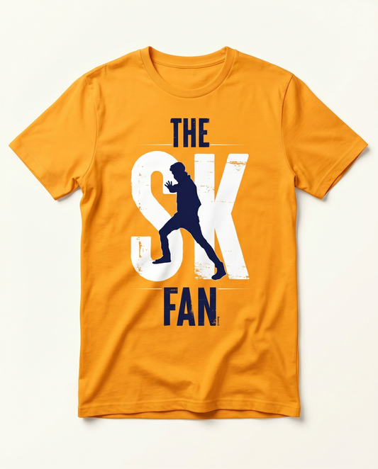 SK FAN men's regular-fit t-shirt  in golden yellow featuring a minimalist illustration and typography design.
