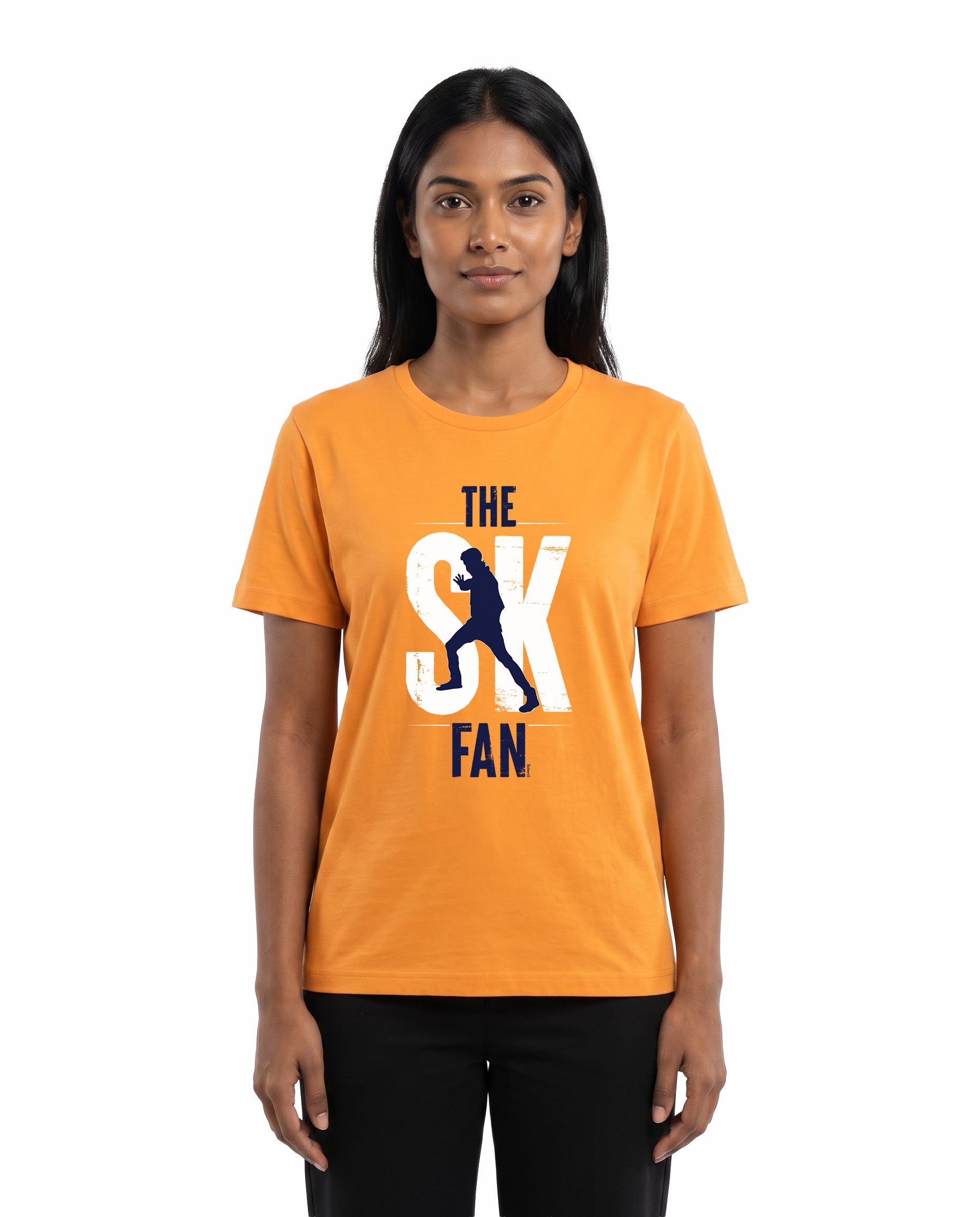 Female model wearing SK FAN women's regular-fit t-shirt in golden yellow in a studio setting.