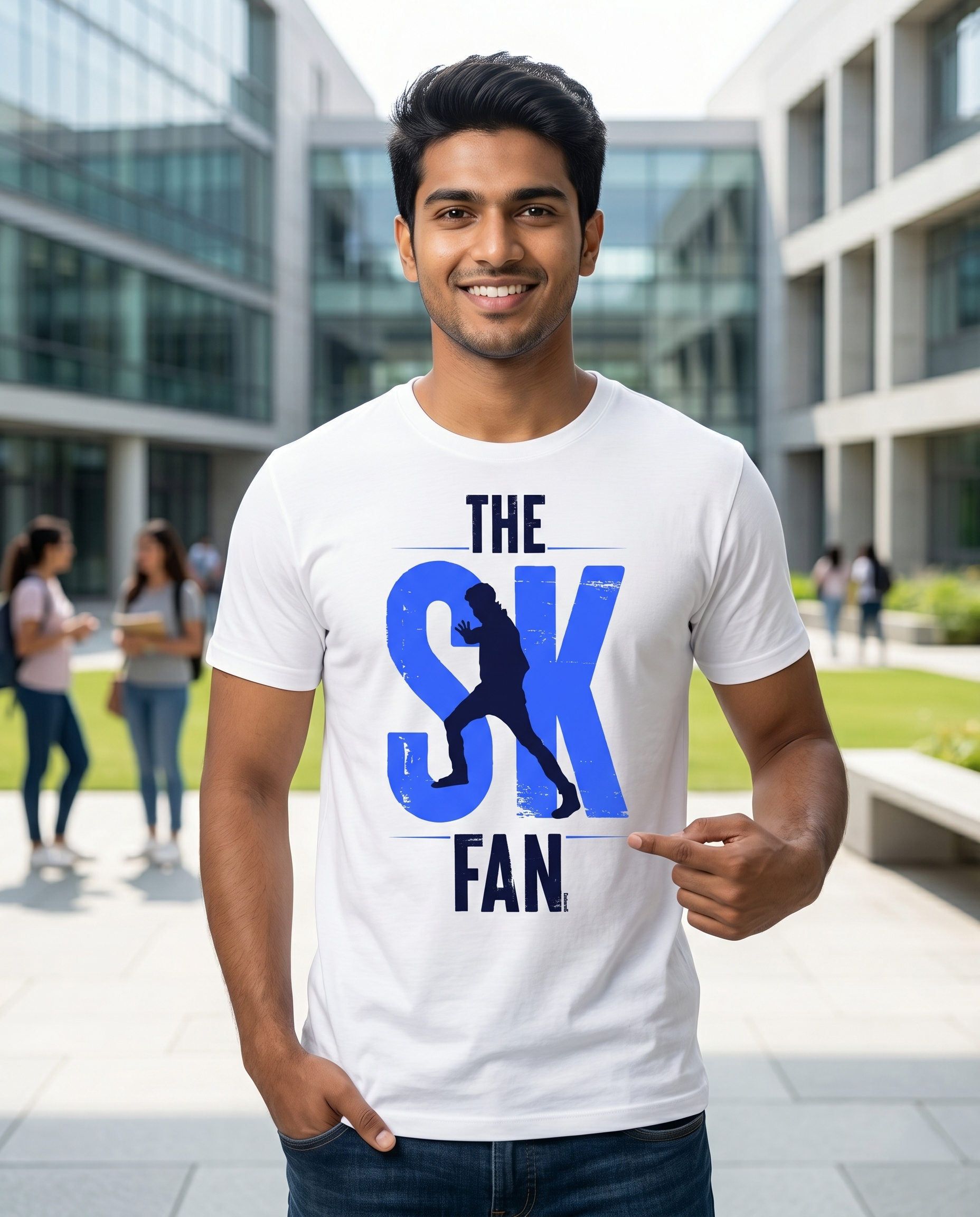 Young South Indian male wearing the SK FAN men's regular-fit t-shirt in white in an energetic urban lifestyle setting.