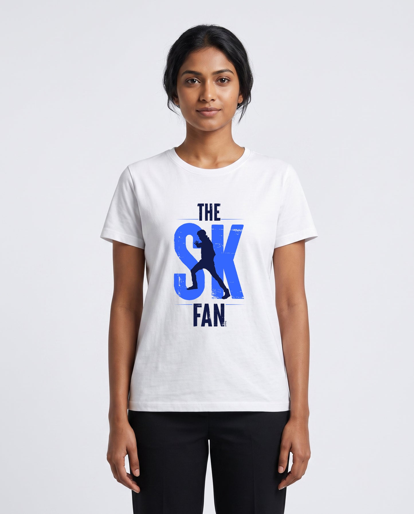 Female model wearing SK FAN women's regular-fit t-shirt in white in a studio setting.