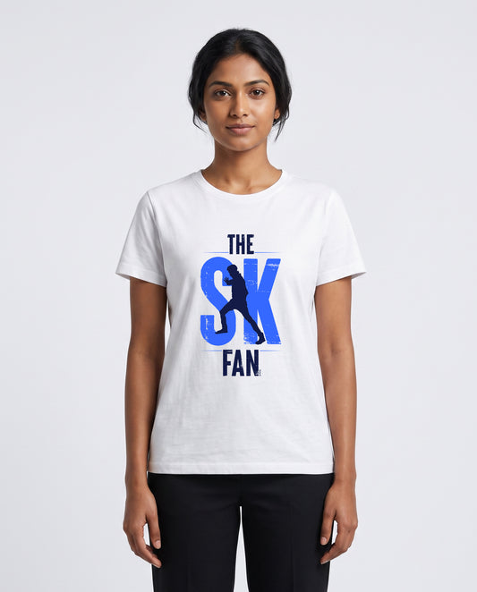 Female model wearing SK FAN women's regular-fit t-shirt in white in a studio setting.