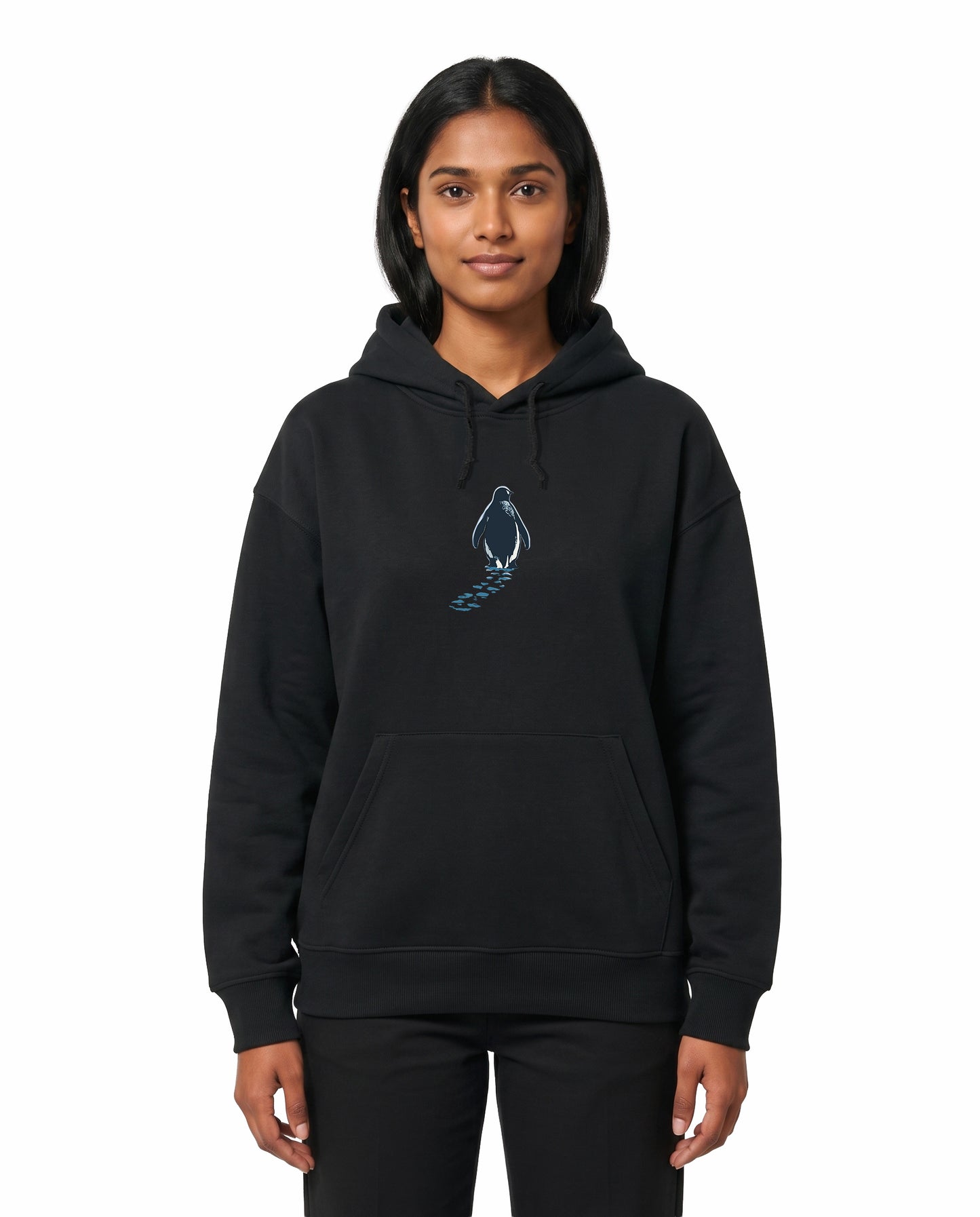 Front view of female model wearing SOLITUDE - unisex regular-fit hoodie in black in a studio setting.