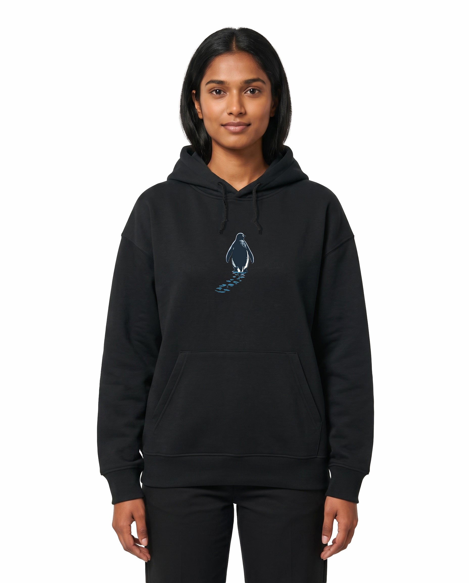 Front view of female model wearing SOLITUDE - unisex regular-fit hoodie in black in a studio setting.