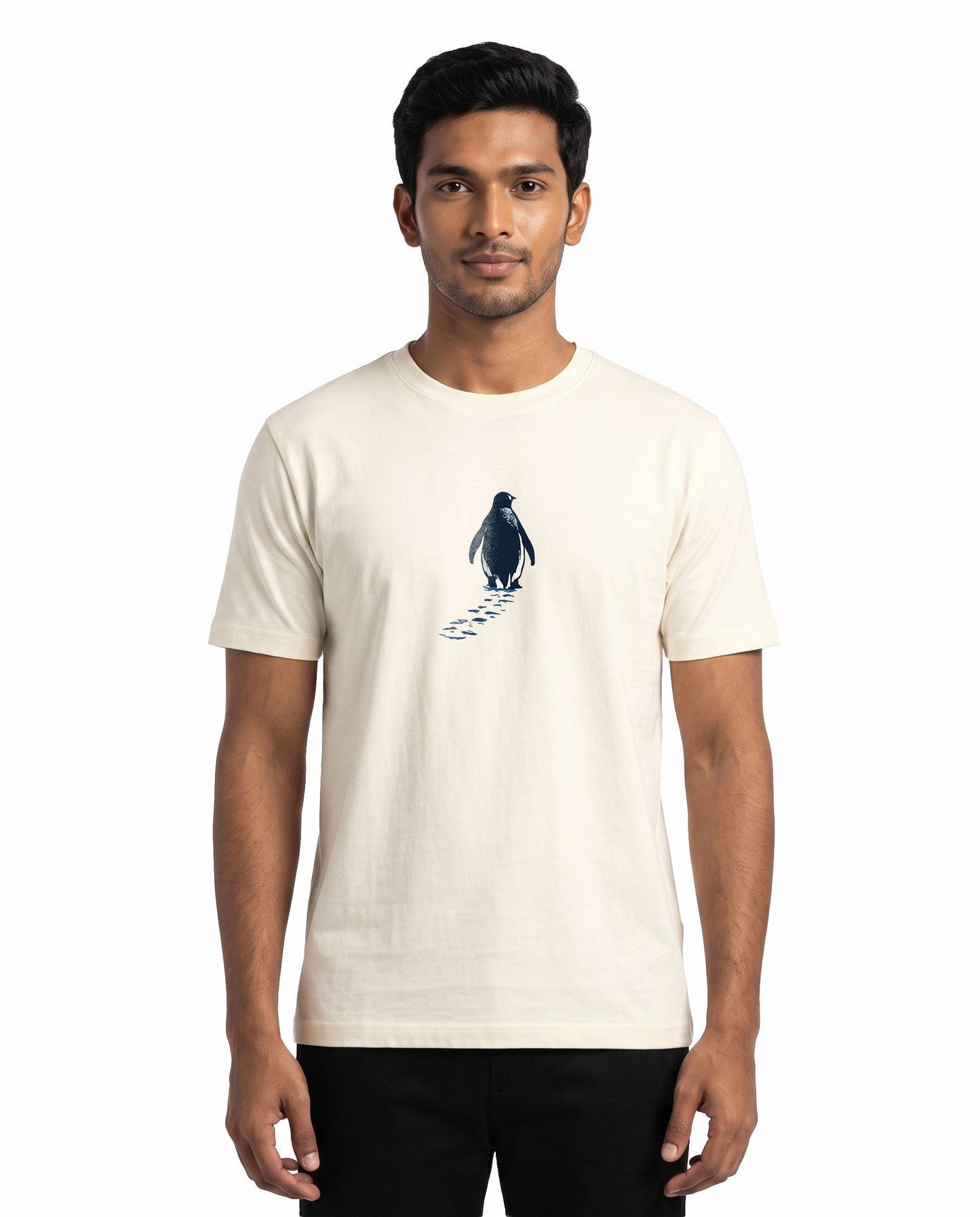 Front view of male model wearing SOLITUDE men's regular-fit t-shirt in off-white in a studio setting.
