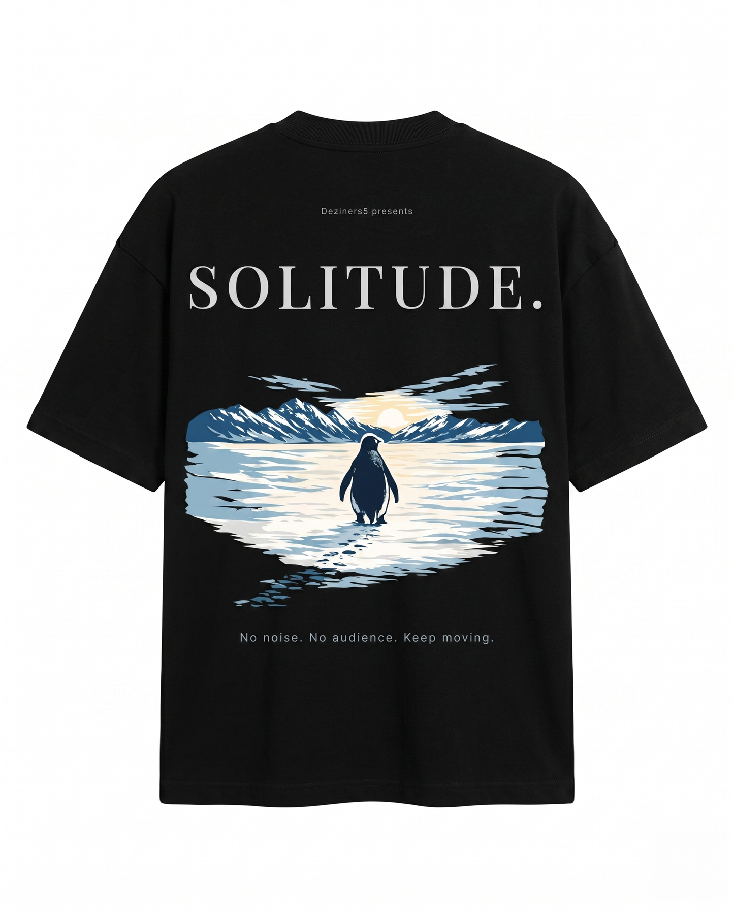 Back view of the SOLITUDE - unisex oversized graphic t-shirt in black featuring penguin landscape artwork and motivational quote on a premium oversized t-shirt.