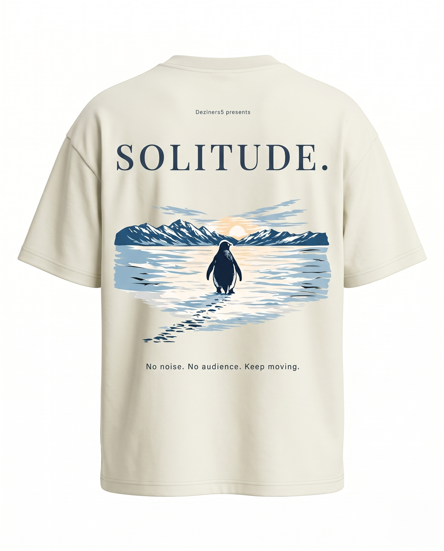 Back view of the SOLITUDE - unisex oversized graphic t-shirt in off-white featuring penguin landscape artwork and motivational quote on a premium oversized tee.