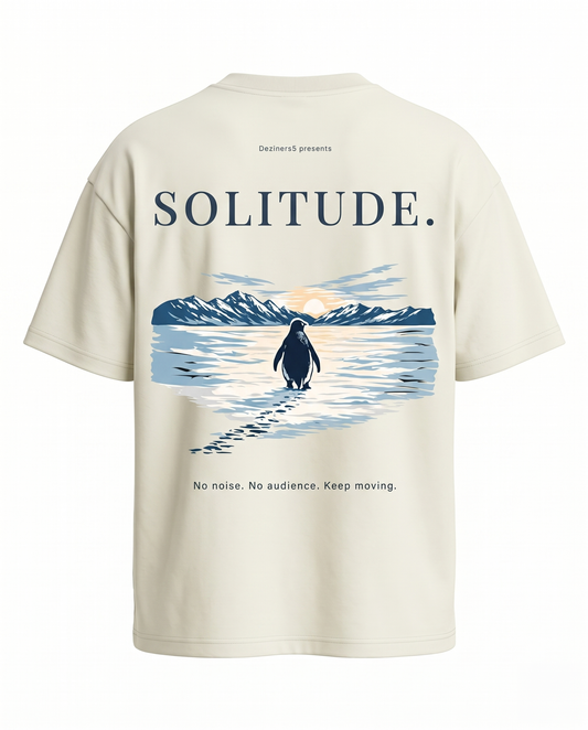 Back view of the SOLITUDE - unisex oversized graphic t-shirt in off-white featuring penguin landscape artwork and motivational quote on a premium oversized tee.