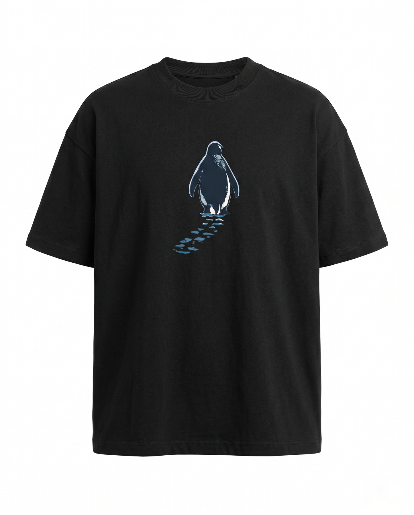 SOLITUDE - unisex oversized graphic t-shirt in black featuring a minimalist penguin chest graphic, heavyweight cotton construction and premium oversized fit.