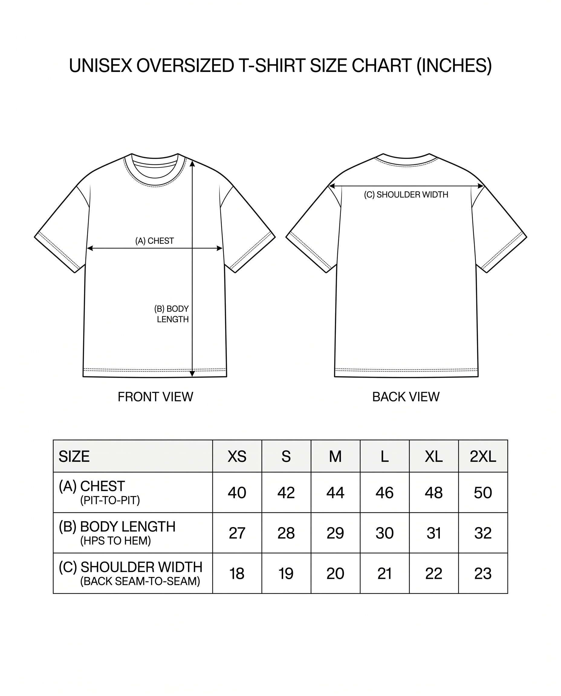 SOLITUDE - unisex oversized graphic t-shirt size chart showing measurements and fit specifications for a premium heavyweight oversized t-shirt.