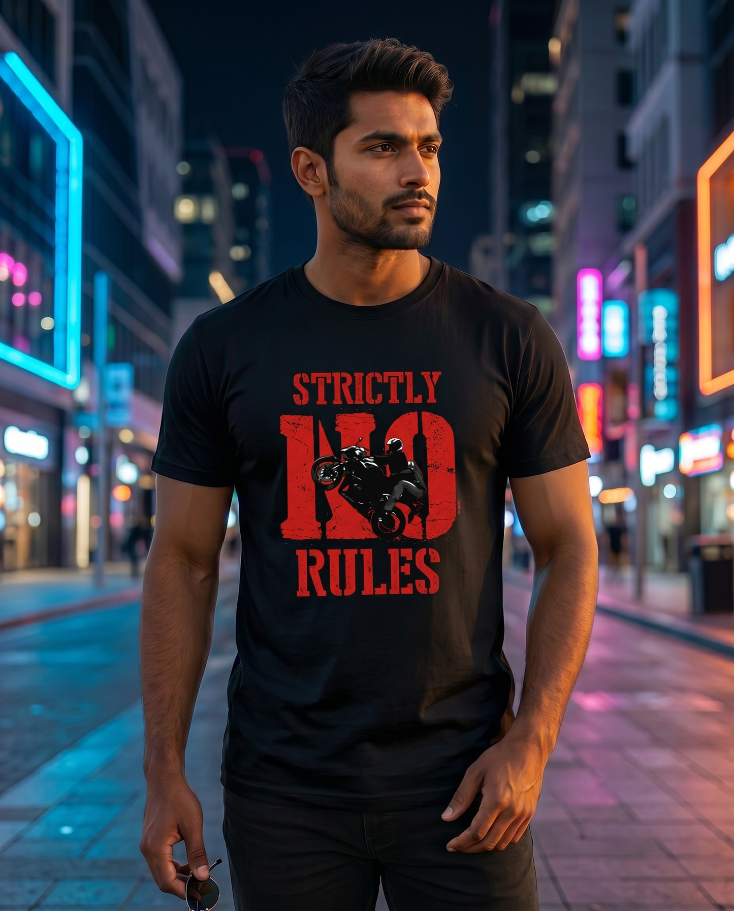 Young South Indian male wearing the STRICTLY NO RULES men's regular-fit t-shirt in black in a neon city night district setting.