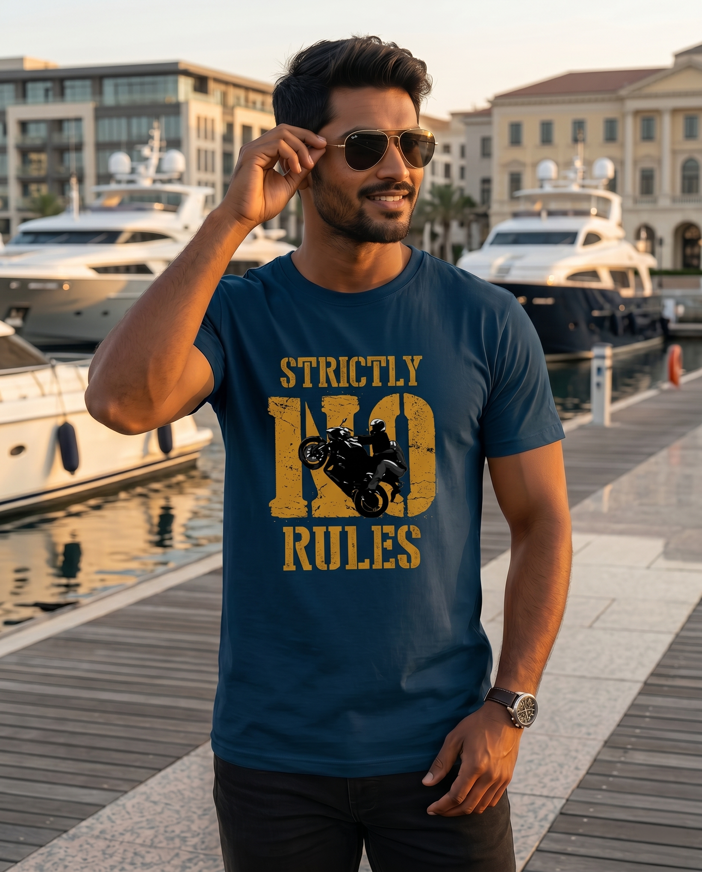 Young South Indian male wearing the STRICTLY NO RULES men's regular-fit t-shirt in navy blue in a premium luxury marina setting.
