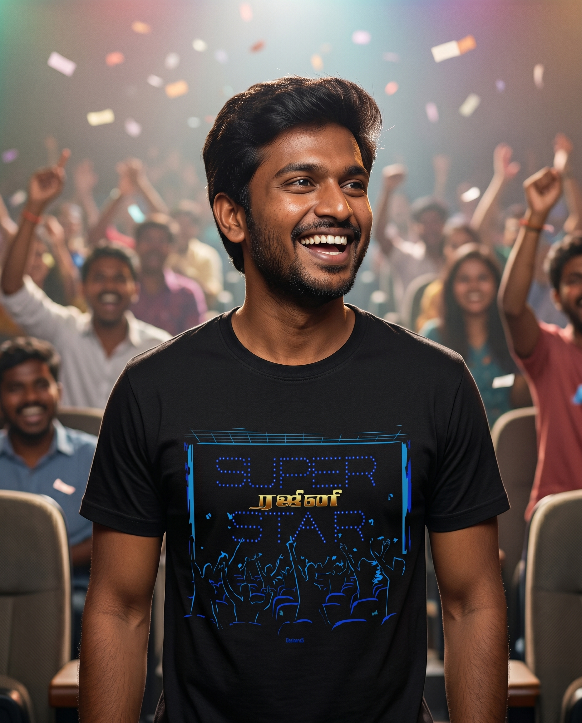 Young South Indian man celebrating inside a Chennai cinema theatre wearing SUPERSTAR MANIA black regular fit t-shirt