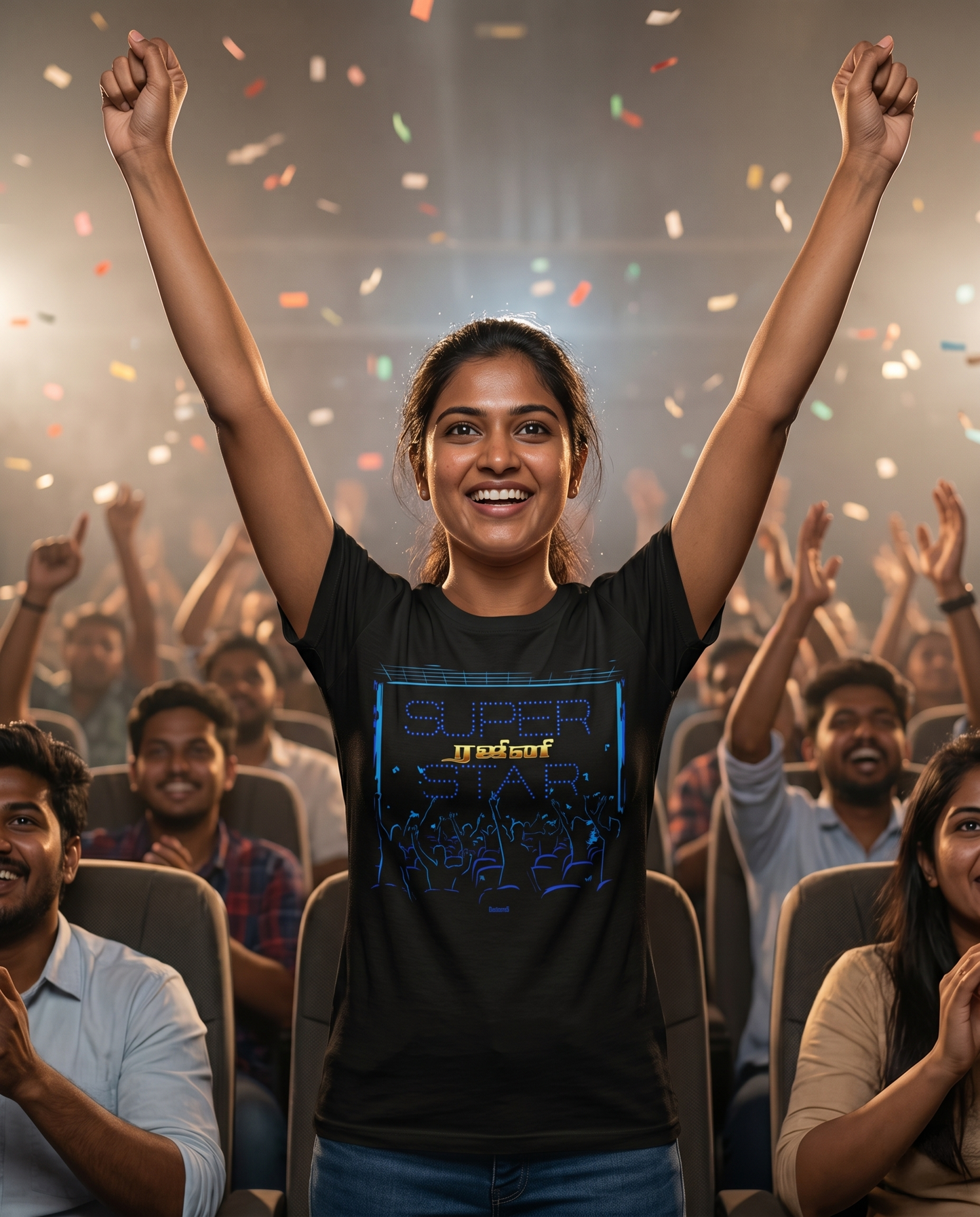 Young South Indian woman celebrating inside a Chennai cinema theatre wearing SUPERSTAR MANIA black regular fit t-shirt
