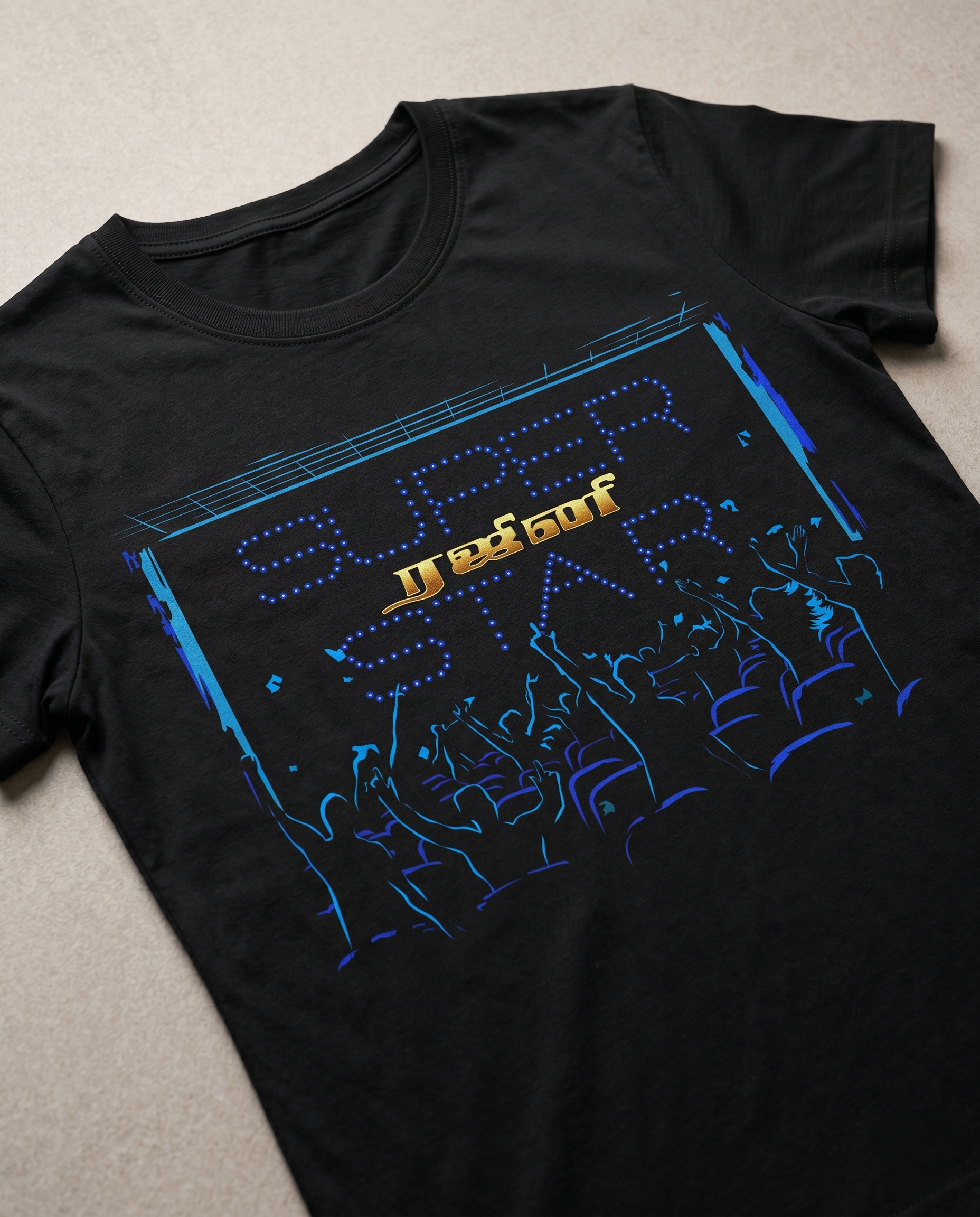 Close-up DTG print detail of SUPERSTAR MANIA artwork on women's black regular fit t-shirt