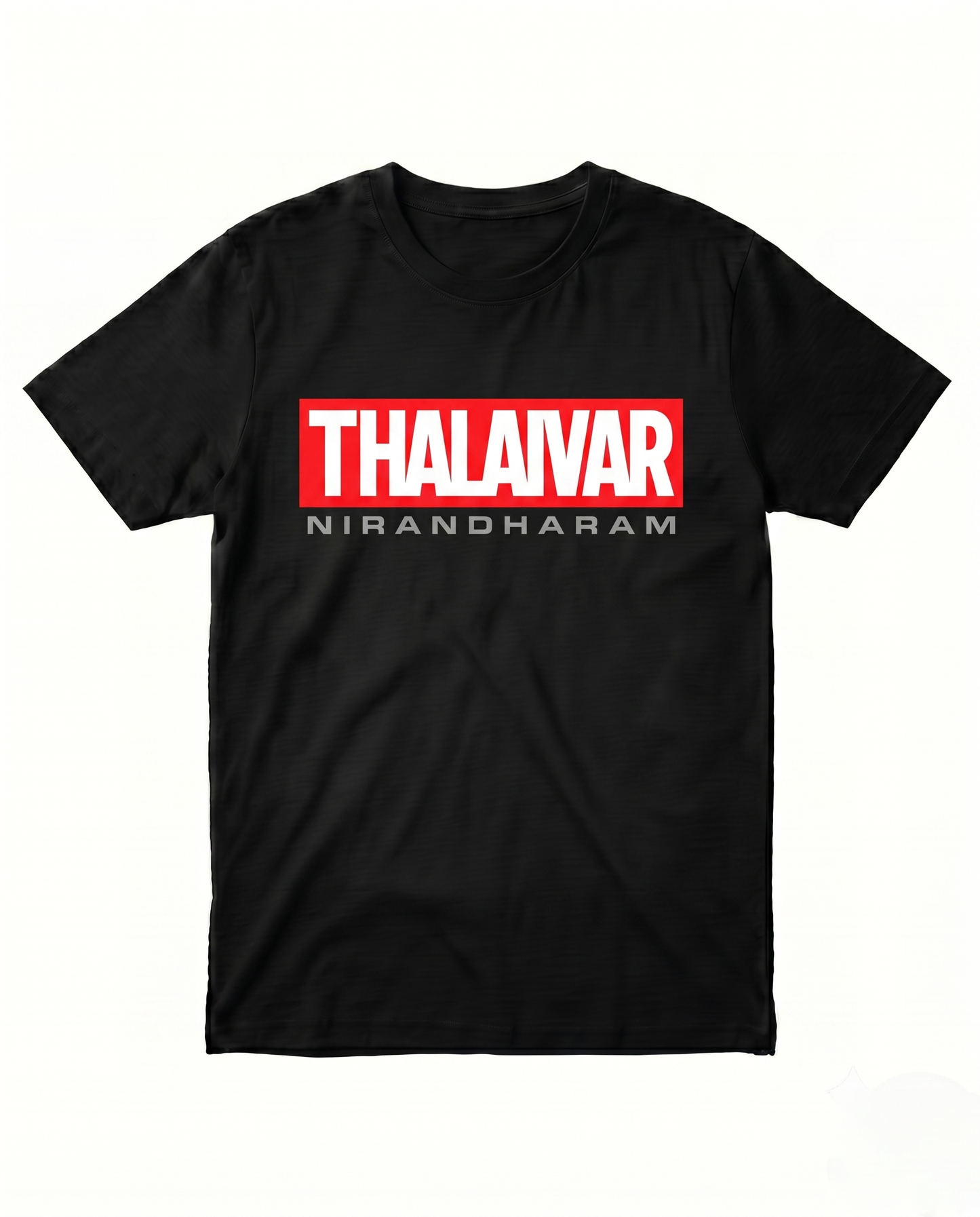 THALAIVAR NIRANDHARAM men's black regular fit t-shirt featuring Superstar-inspired tribute artwork, front view product mockup.