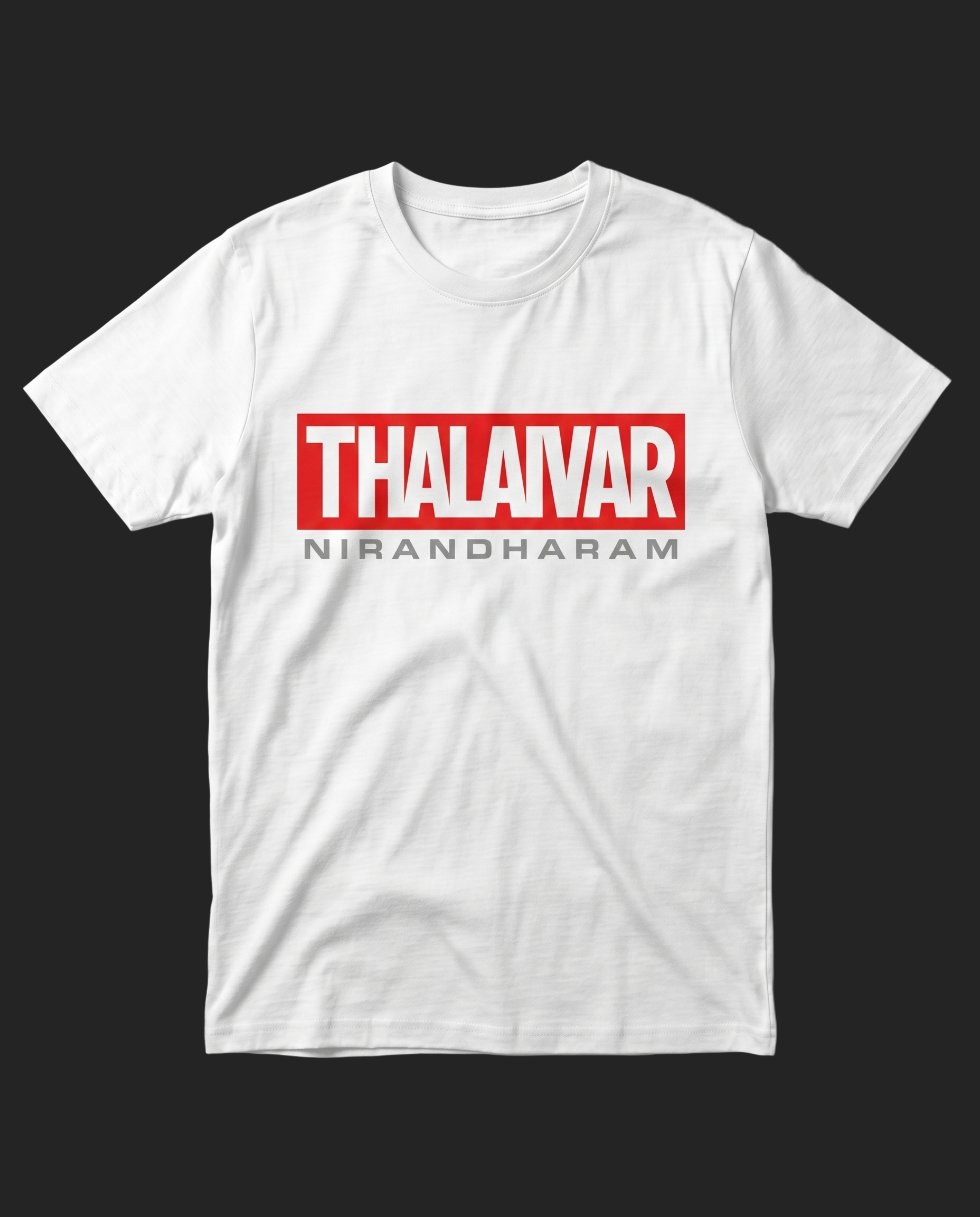 THALAIVAR NIRANDHARAM men's white regular fit t-shirt featuring Superstar-inspired tribute artwork, front view product mockup.