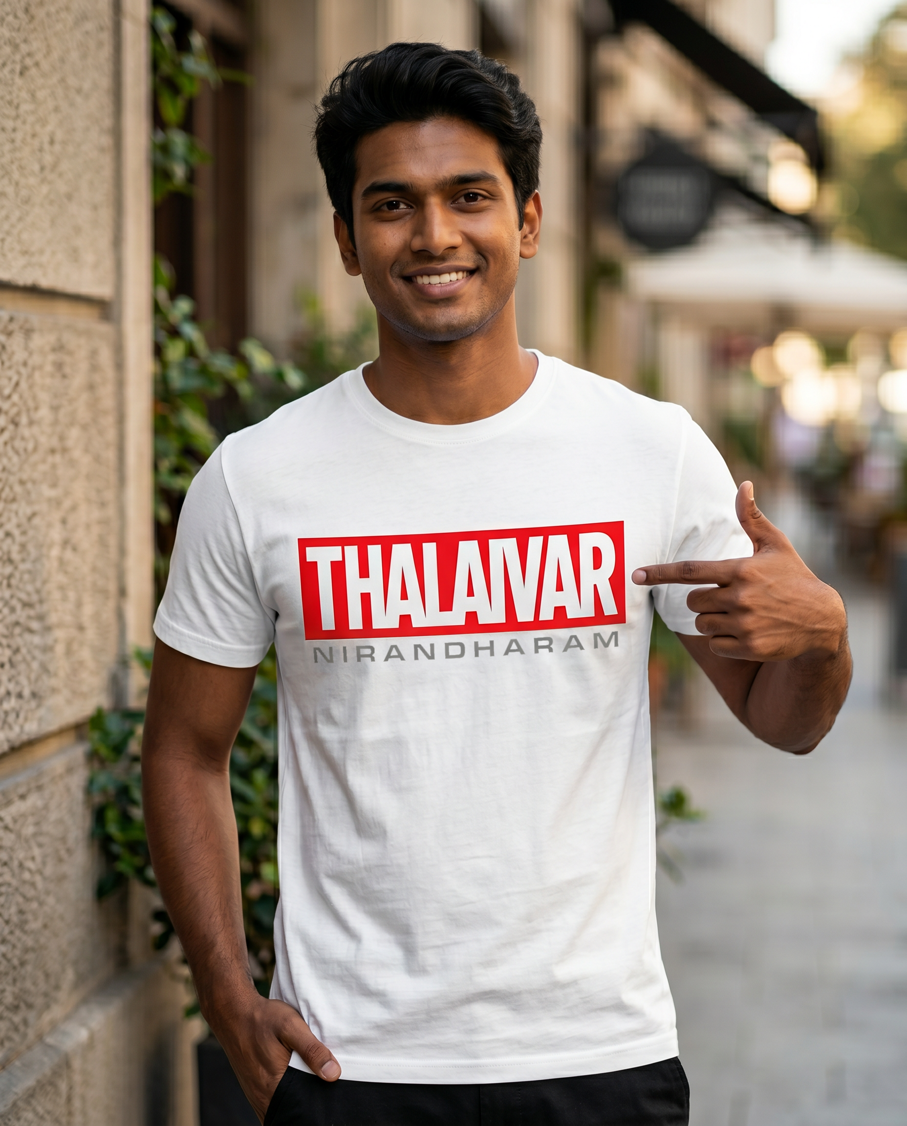 Lifestyle image of the THALAIVAR NIRANDHARAM men's regular-fit t-shirt in white, featuring a young South Indian male model pointing at the chest artwork in a stylish outdoor café environment.
