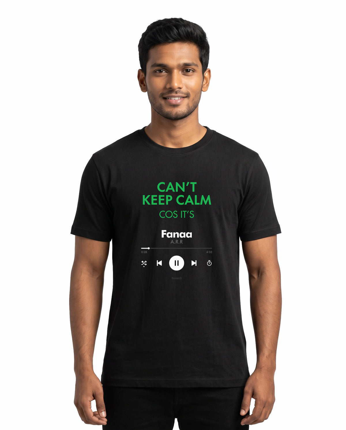 Front view of male model wearing THE ARR TRACK - HINDI - Men's Regular Fit T-Shirt in black in a studio setting.
