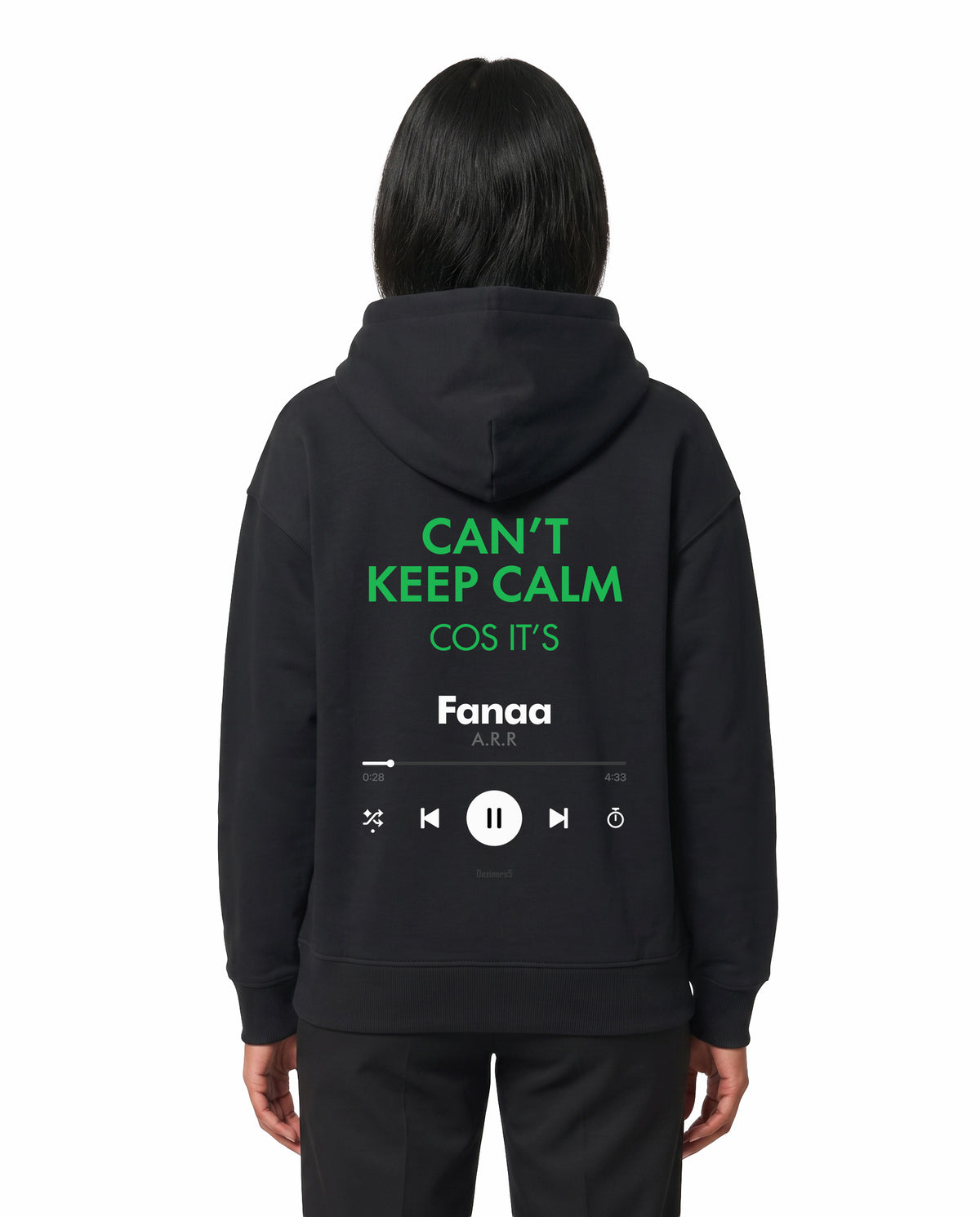 Back view of female model wearing THE ARR TRACK - HINDI - Unisex Regular Fit Hoodie in black in a studio setting.