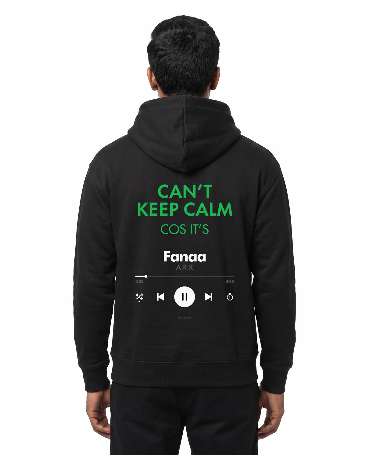 Back view of male model wearing THE ARR TRACK - HINDI - Unisex Regular Fit Hoodie in black in a studio setting.