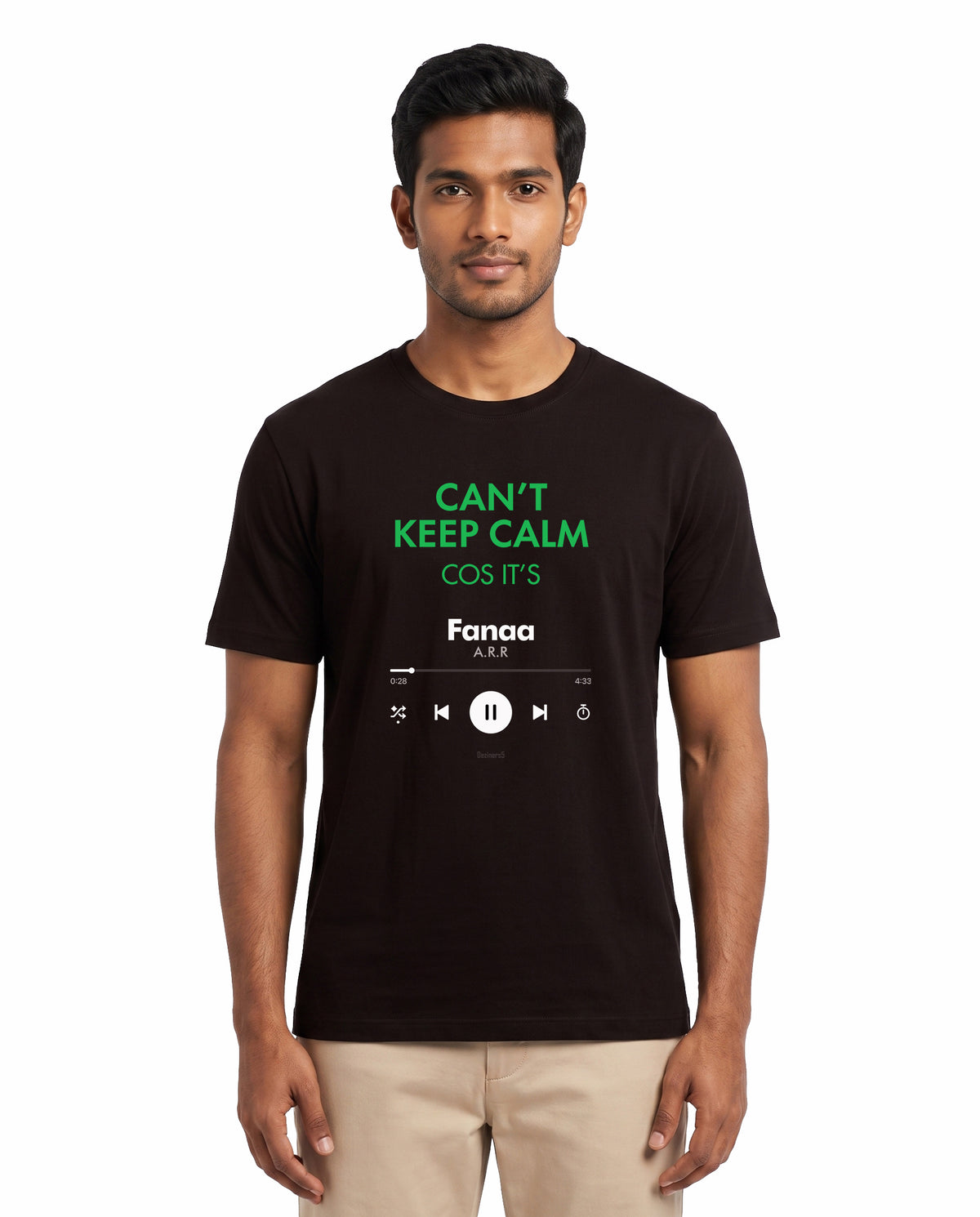 Front view of male model wearing THE ARR TRACK - HINDI - Men's Regular Fit T-Shirt in coffee brown in a studio setting.