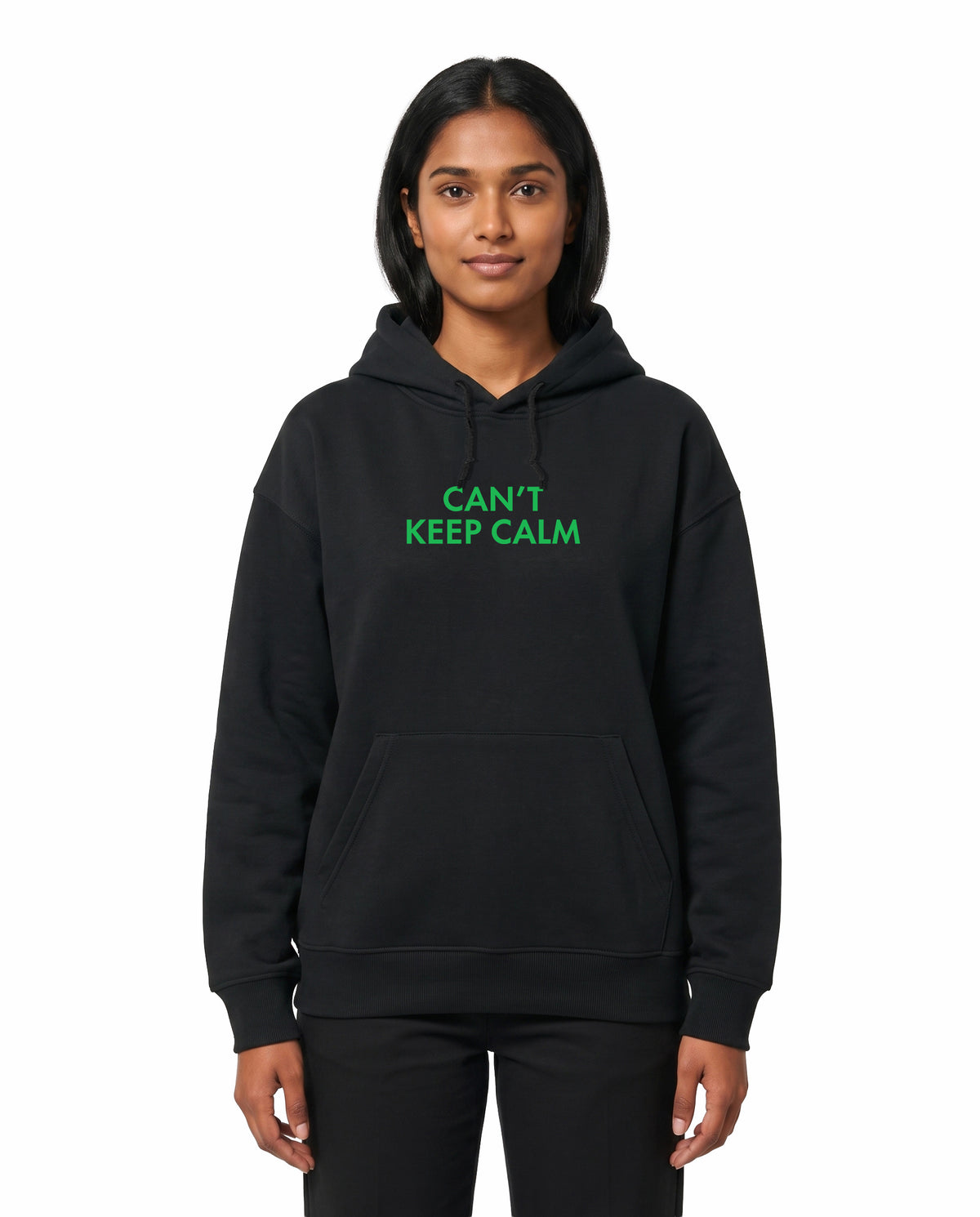 Front view of female model wearing THE ARR TRACK - TAMIZH - Unisex Regular Fit Hoodie in black in a studio setting.