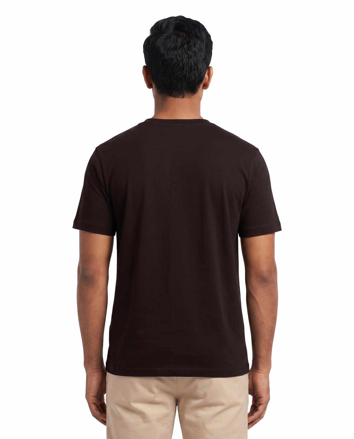 Back view of male model wearing THE ARR TRACK - TAMIZH - Men's Regular Fit T-Shirt in coffee brown in a studio setting. 