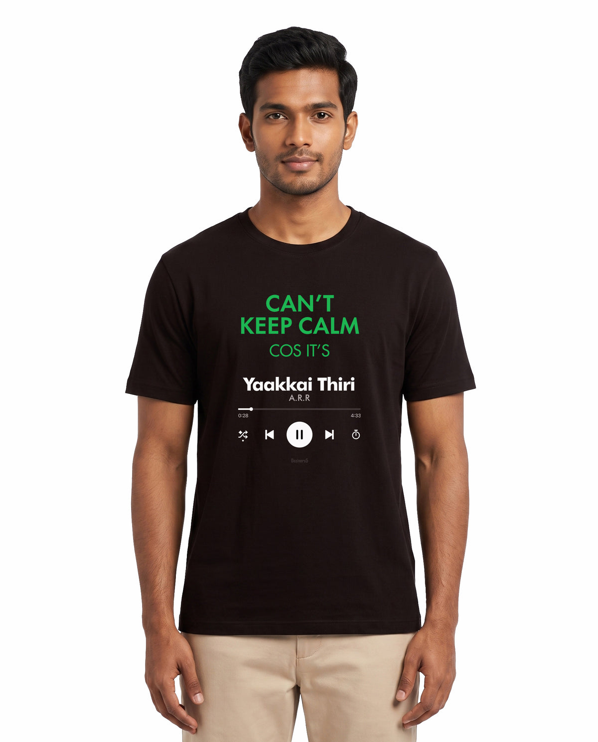 Front view of male model wearing THE ARR TRACK - TAMIZH - Men's Regular Fit T-Shirt in coffee brown in a studio setting. 