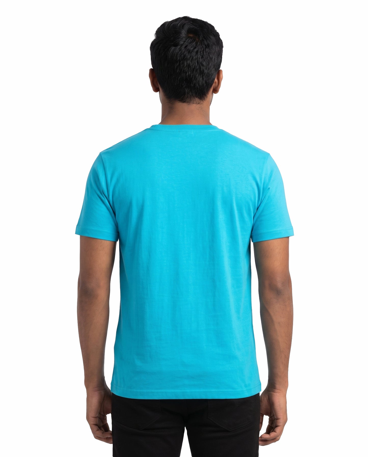 Back view of male model wearing THE ONE men's regular-fit t-shirt in sky blue in a studio setting.