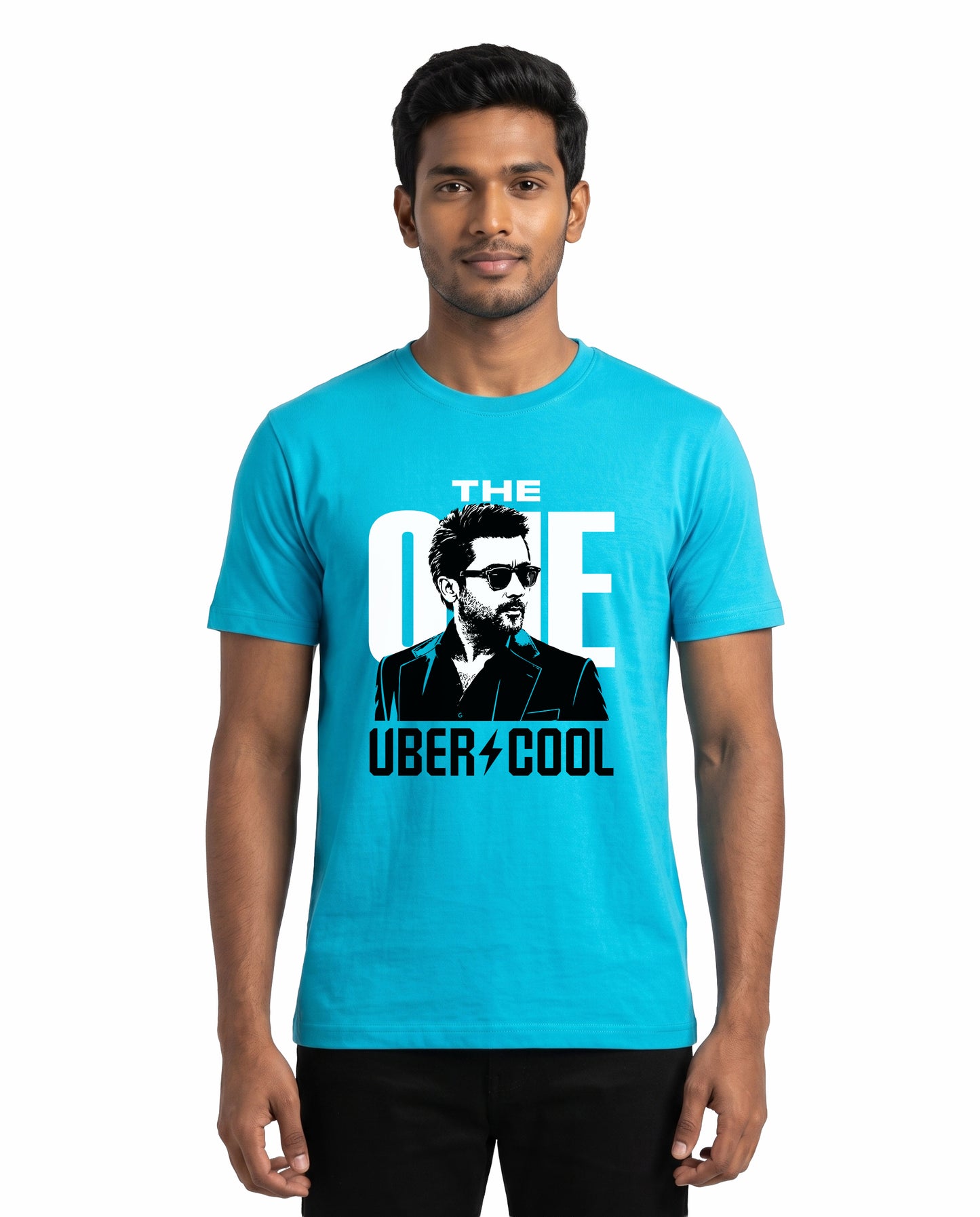 Front view of male model wearing THE ONE men's regular-fit t-shirt in sky blue in a studio setting.