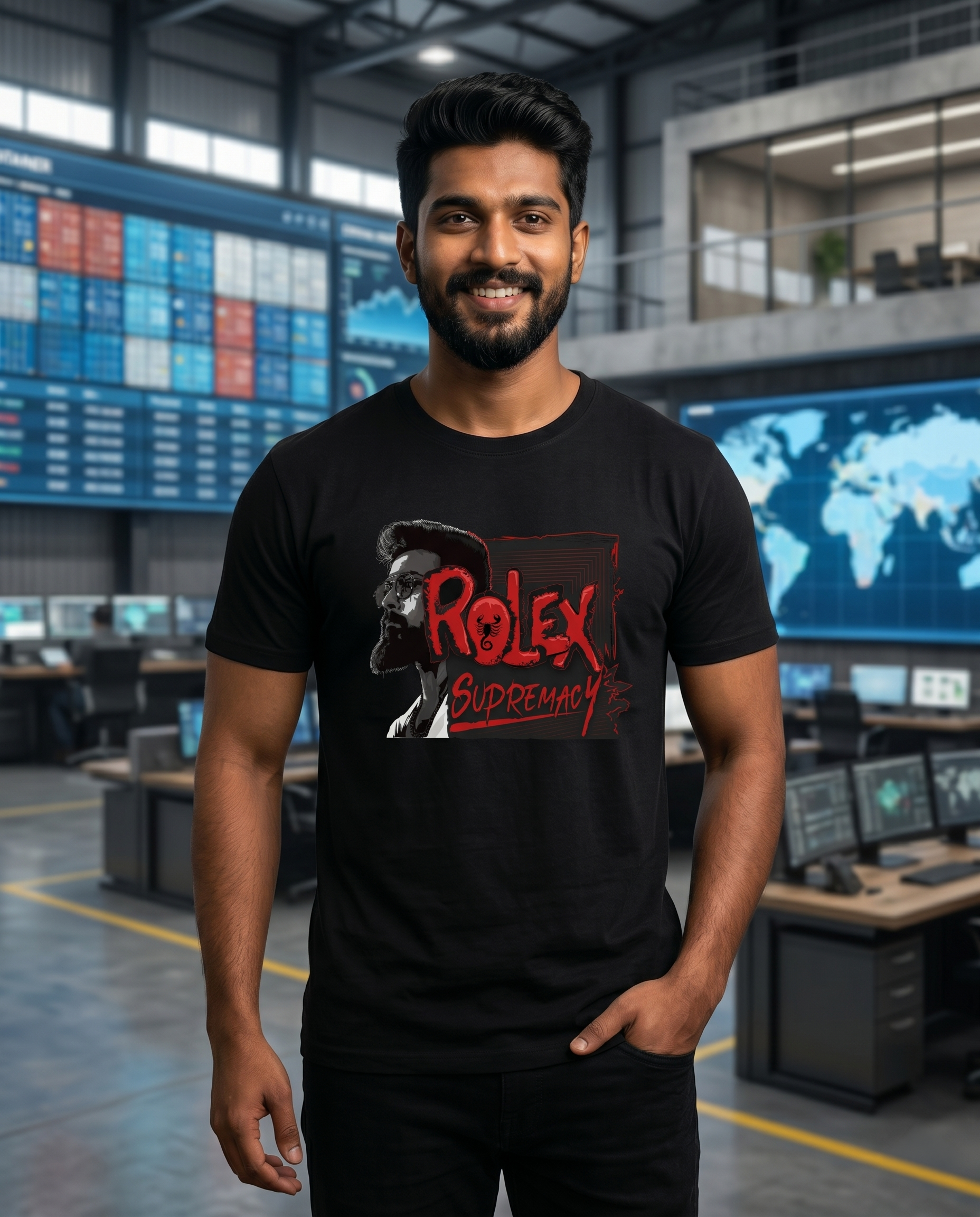 Young South Indian male wearing the THE ONE SUPREMACY men's regular-fit t-shirt in black in a powerful executive-style industrial setting.