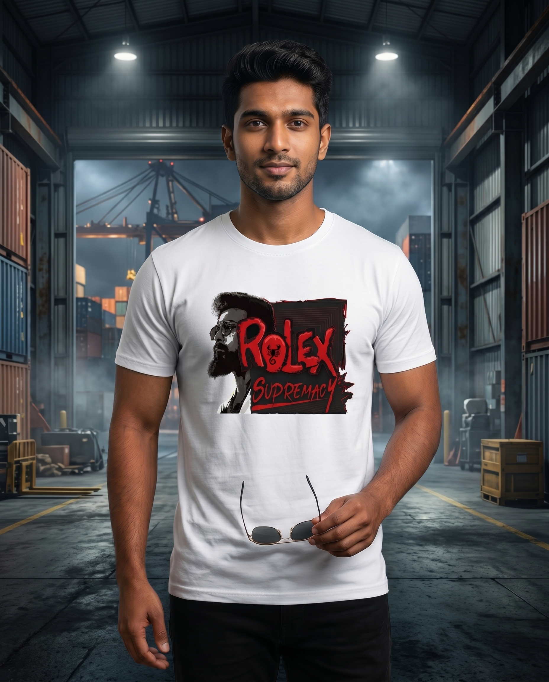 Young South Indian male wearing the THE ONE SUPREMACY men's regular-fit t-shirt in white in a powerful executive-style industrial setting.