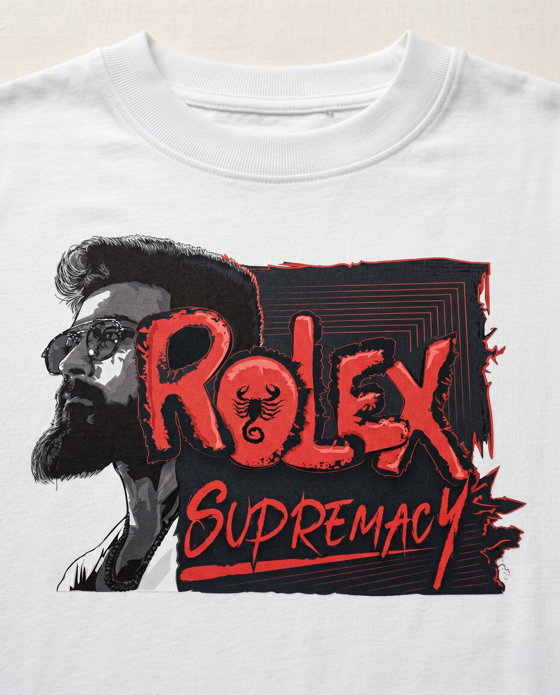 Detailed close-up of the THE ONE SUPREMACY graphic print highlighting typography and premium print quality on a white men's regular-fit t-shirt.