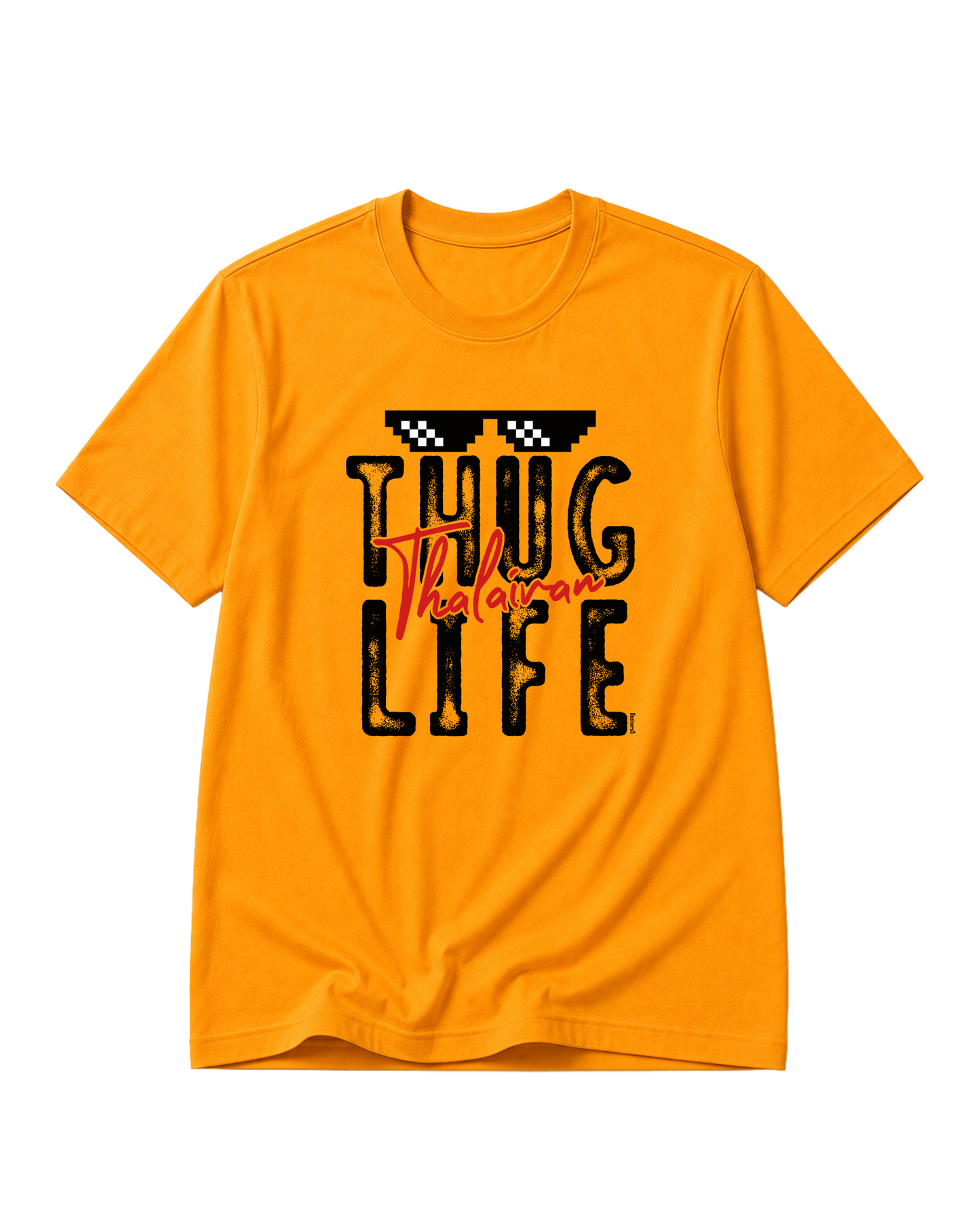 THUG LIFE men's regular-fit t-shirt in golden yellow featuring a fun typography design expressing confidence, humor, and carefree attitude.