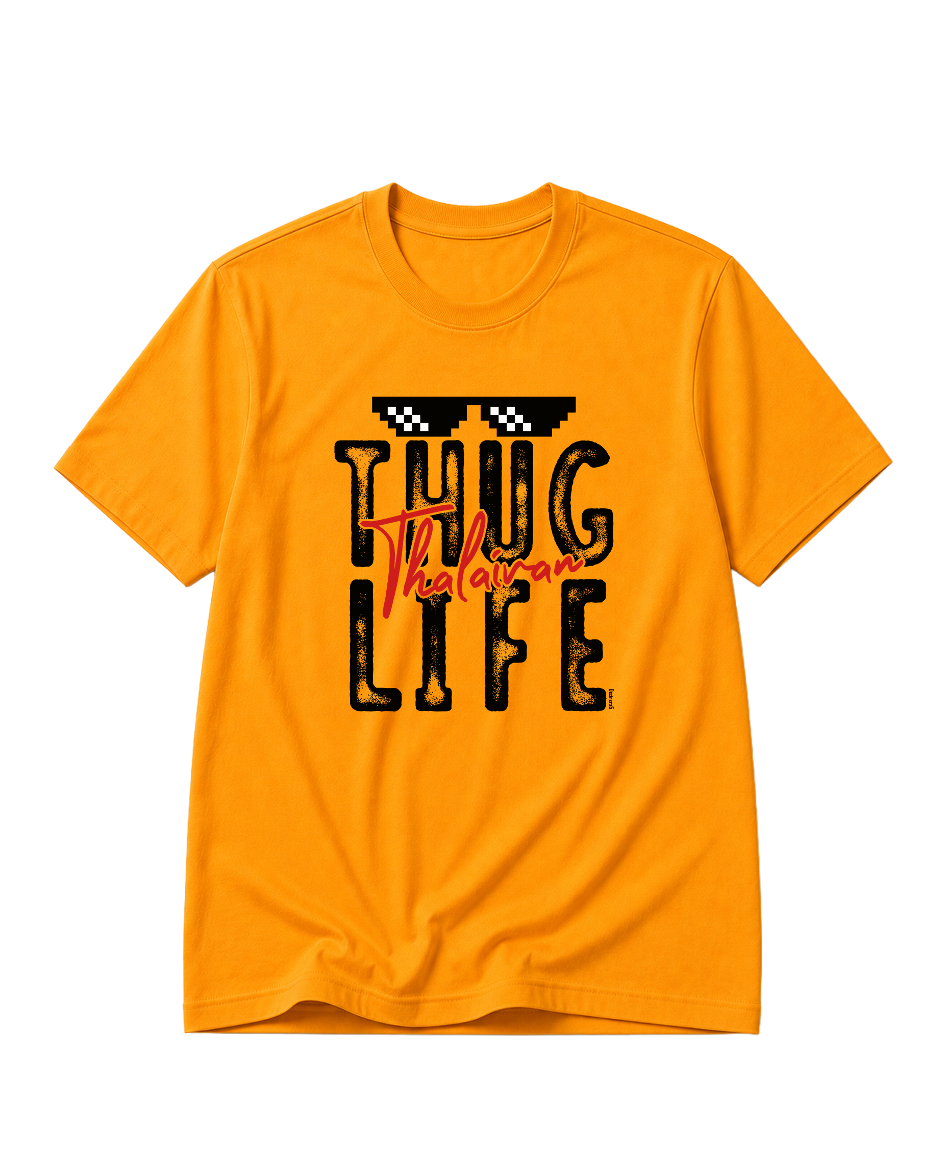 THUG LIFE men's regular-fit t-shirt in golden yellow featuring a fun typography design expressing confidence, humor, and carefree attitude.