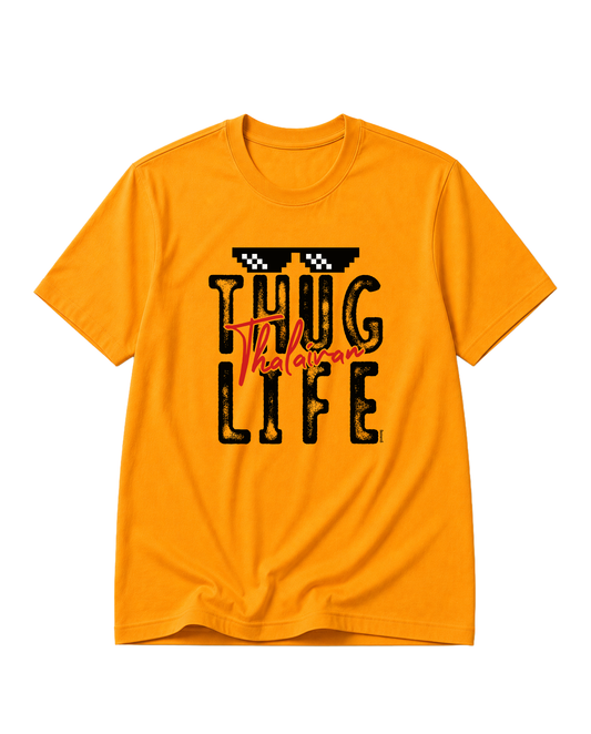 THUG LIFE men's regular-fit t-shirt in golden yellow featuring a fun typography design expressing confidence, humor, and carefree attitude.