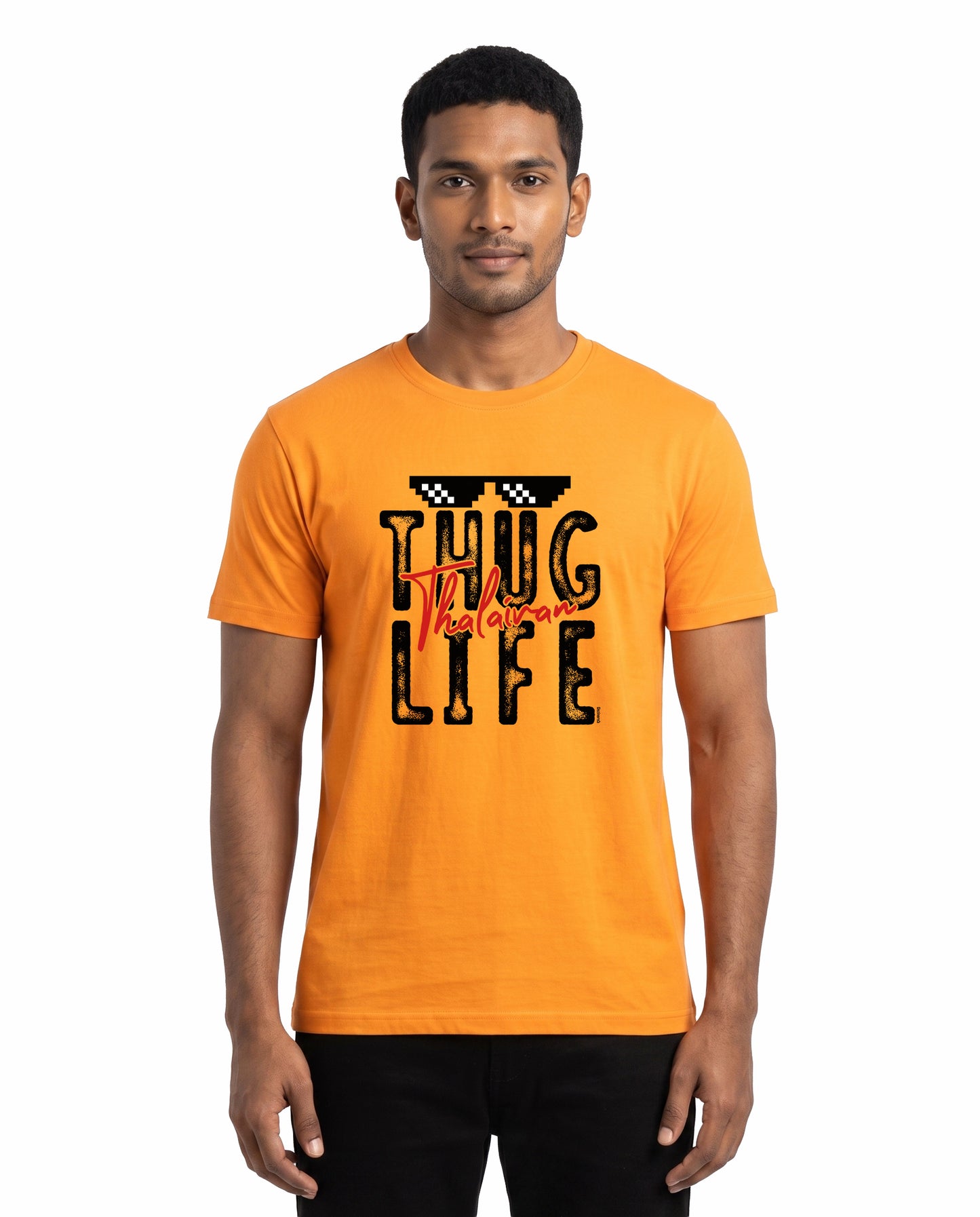 Male model wearing THUG LIFE men's regular-fit t-shirt in golden yellow in a studio setting.