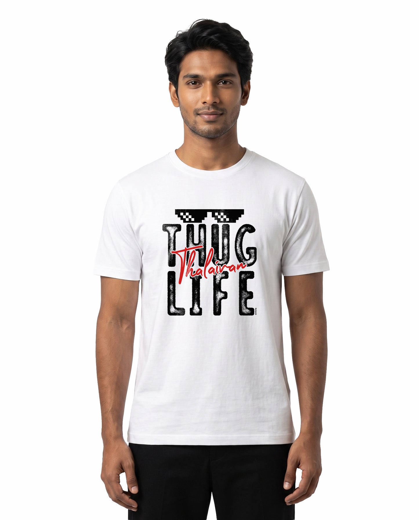 Male model wearing THUG LIFE men's regular-fit t-shirt in white in a studio setting.