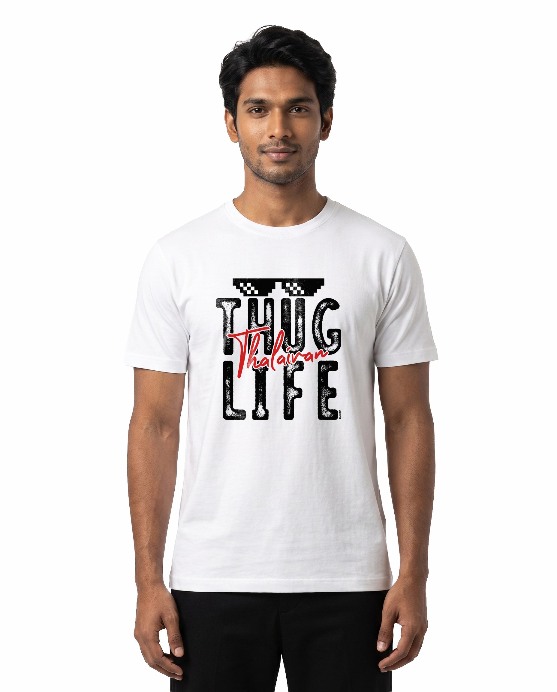 Male model wearing THUG LIFE men's regular-fit t-shirt in white in a studio setting.