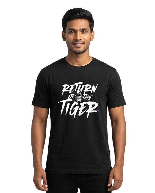 Front view of male model wearing TIGER TRIBUTE - Men's Regular Fit T-Shirt in black in a studio setting.