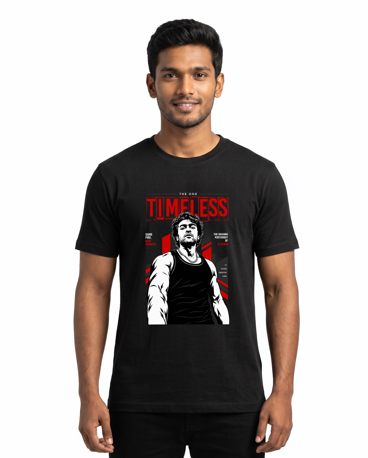 Front view of male model wearing TIMELESS - The One Inspired Men's Regular Fit T-Shirt in black in a studio setting.