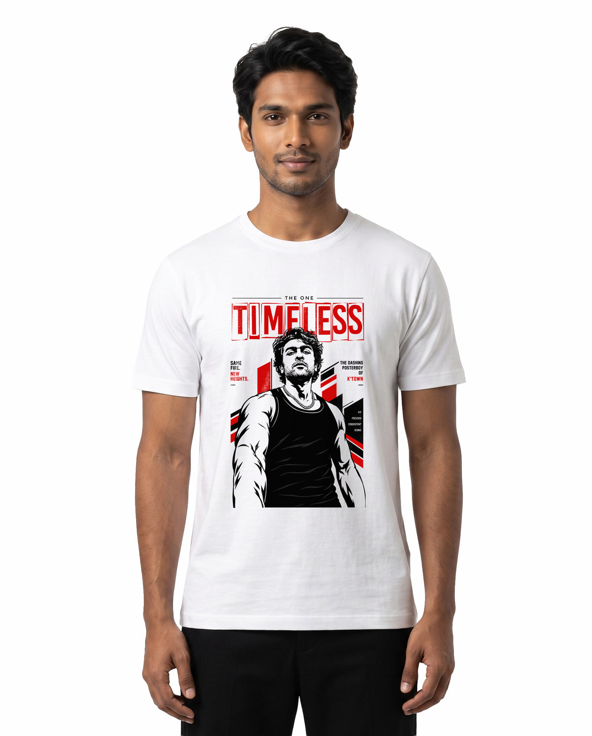 Front view of male model wearing TIMELESS - The One Inspired Men's Regular Fit T-Shirt in white in a studio setting.